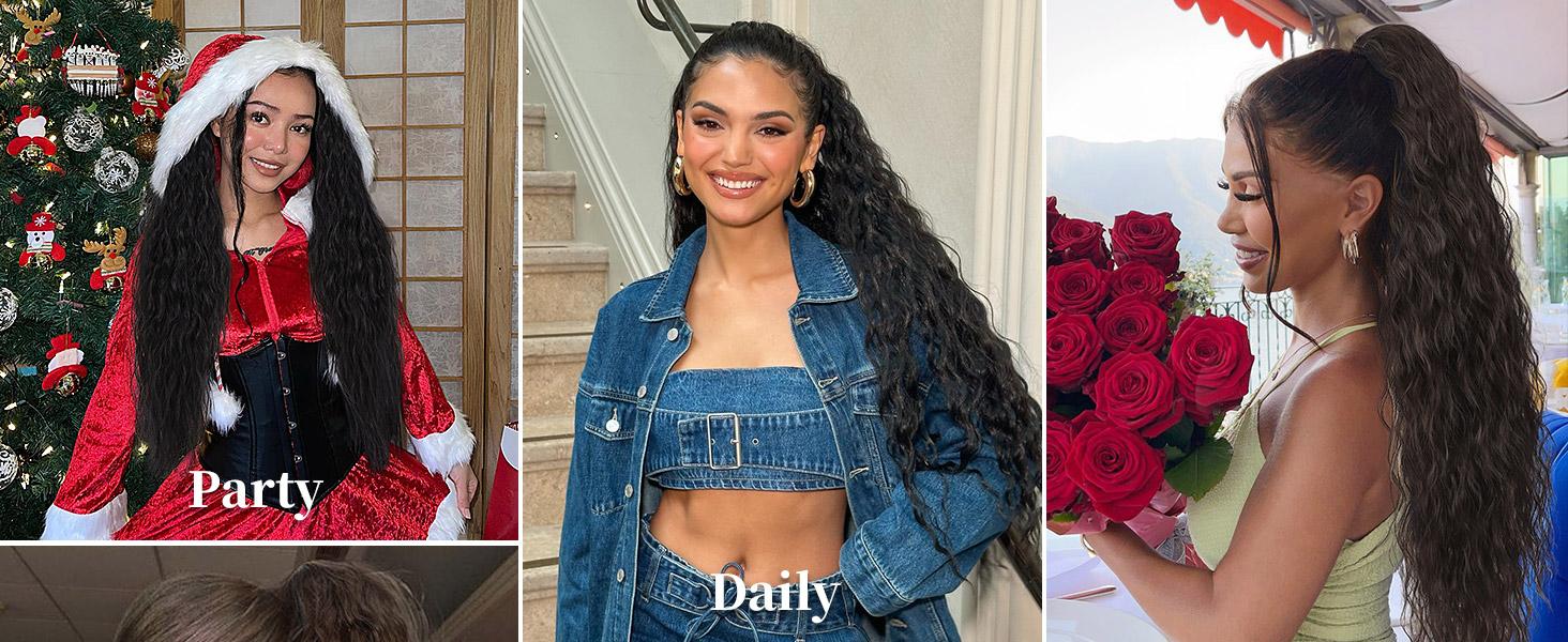 Isaic hair Clip-in Long Ponytail Hair Extensions Black Brown 30" Curly Pony Tail Clip in Hair Extensions for Women Fluffy Natural Looking Synthetic Hairpiece for Daily Use