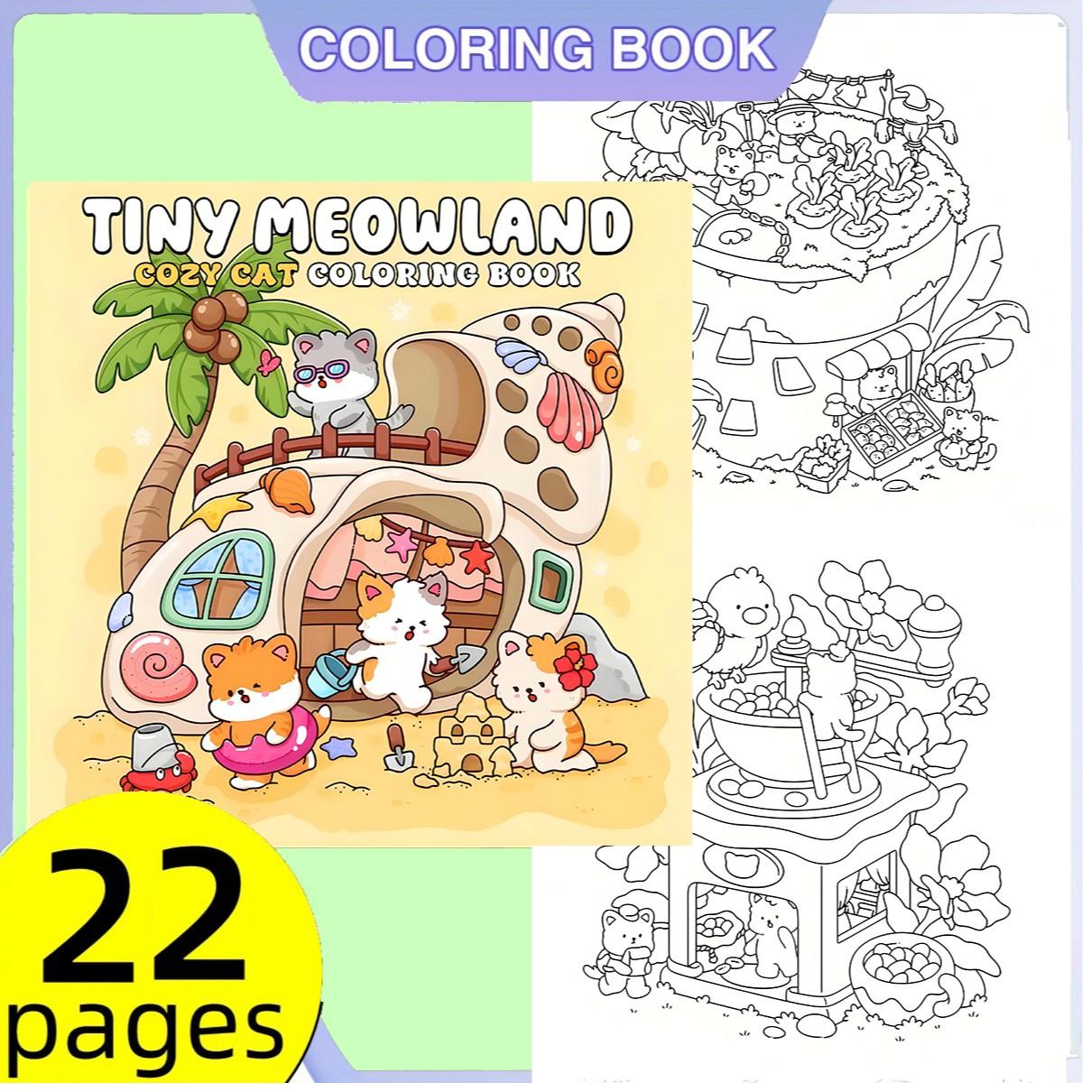 Bold & Easy Cute Kawaii Tiny Meowland Cozy Cat Coloring Book for Kids & Adults, 22 Coloring Pages on 120gsm Thick No Bleed Paper, Odorless Glue Binding, Stress Relief Easy Coloring for All Ages