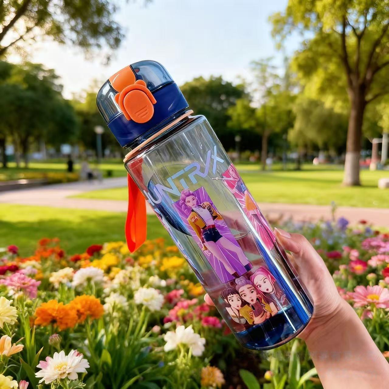 K-Pop Cartoon Straw Cup, Large Capacity Travel Portable High Aesthetic Cute Plastic Water Bottle, Fun Design for Kids