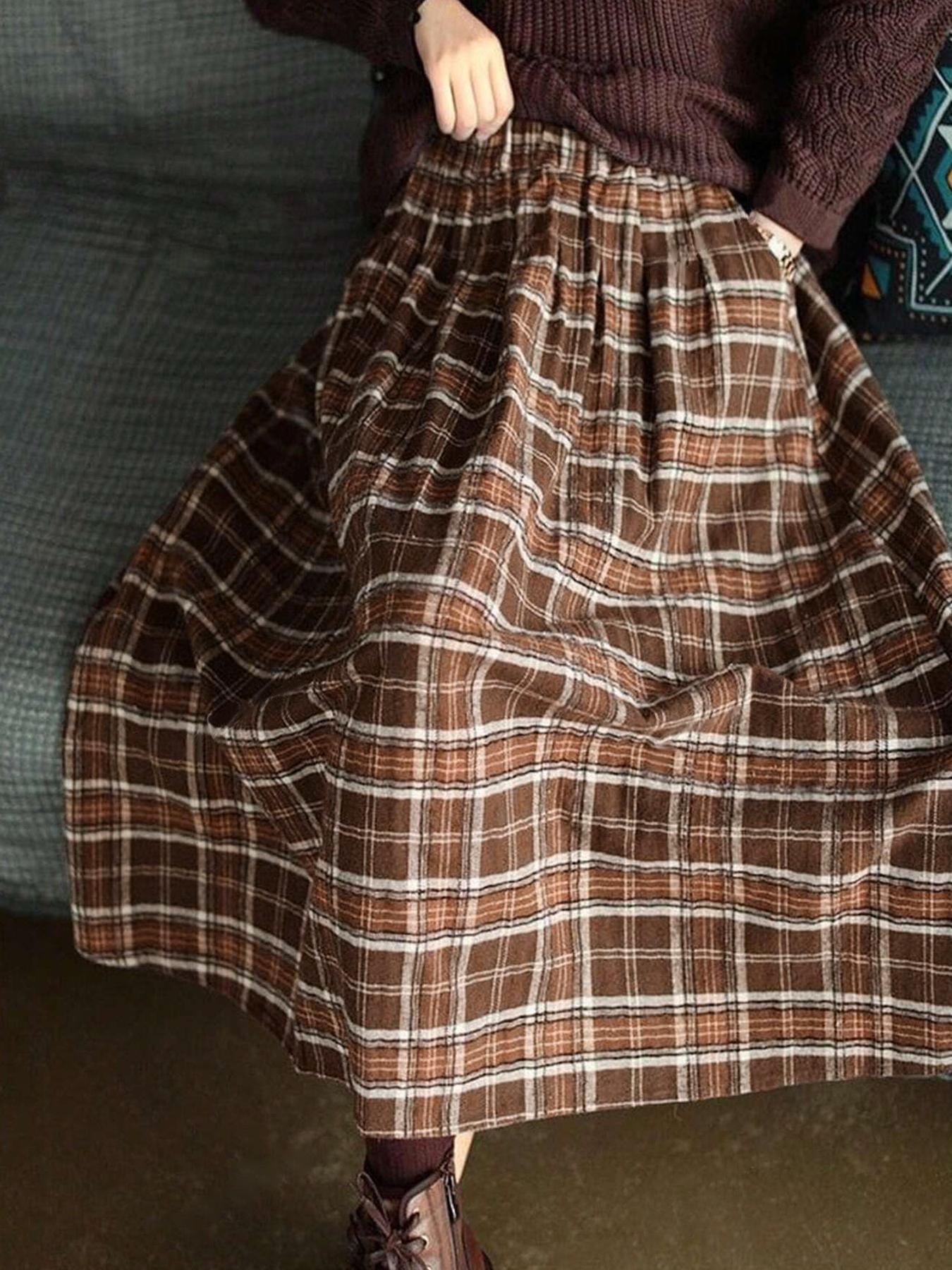 Women's Plaid Woven A-Line Long Dress,flared skirt， Casual Loose Fit Elastic Waist Pocket Design, All-Season Wearable Fashion Skirt