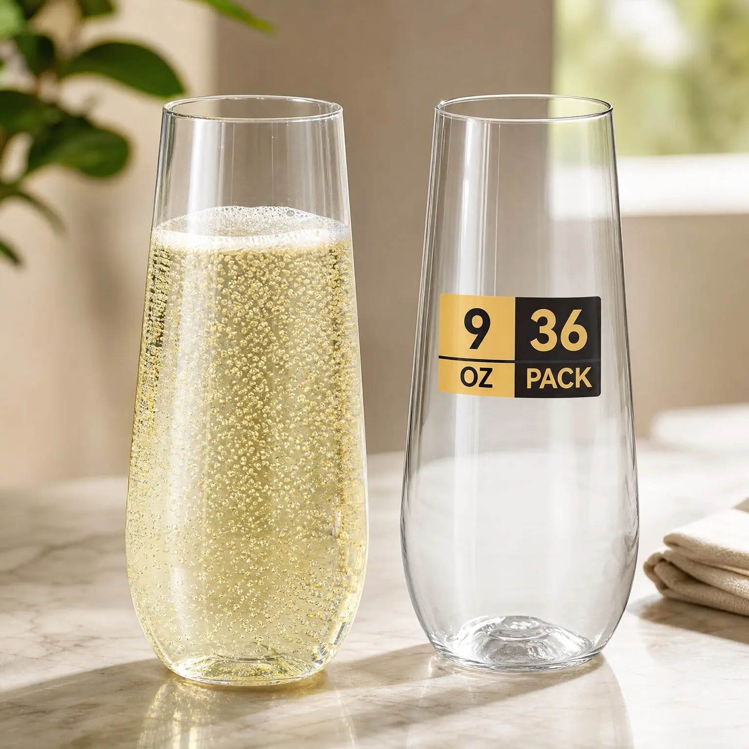 36 Pack 9 oz Stemless Plastic Champagne Flutes, Crystal Clear Disposable Unbreakable Toasting Glasses for Wedding, Birthday, Party, ThanksgivingGift