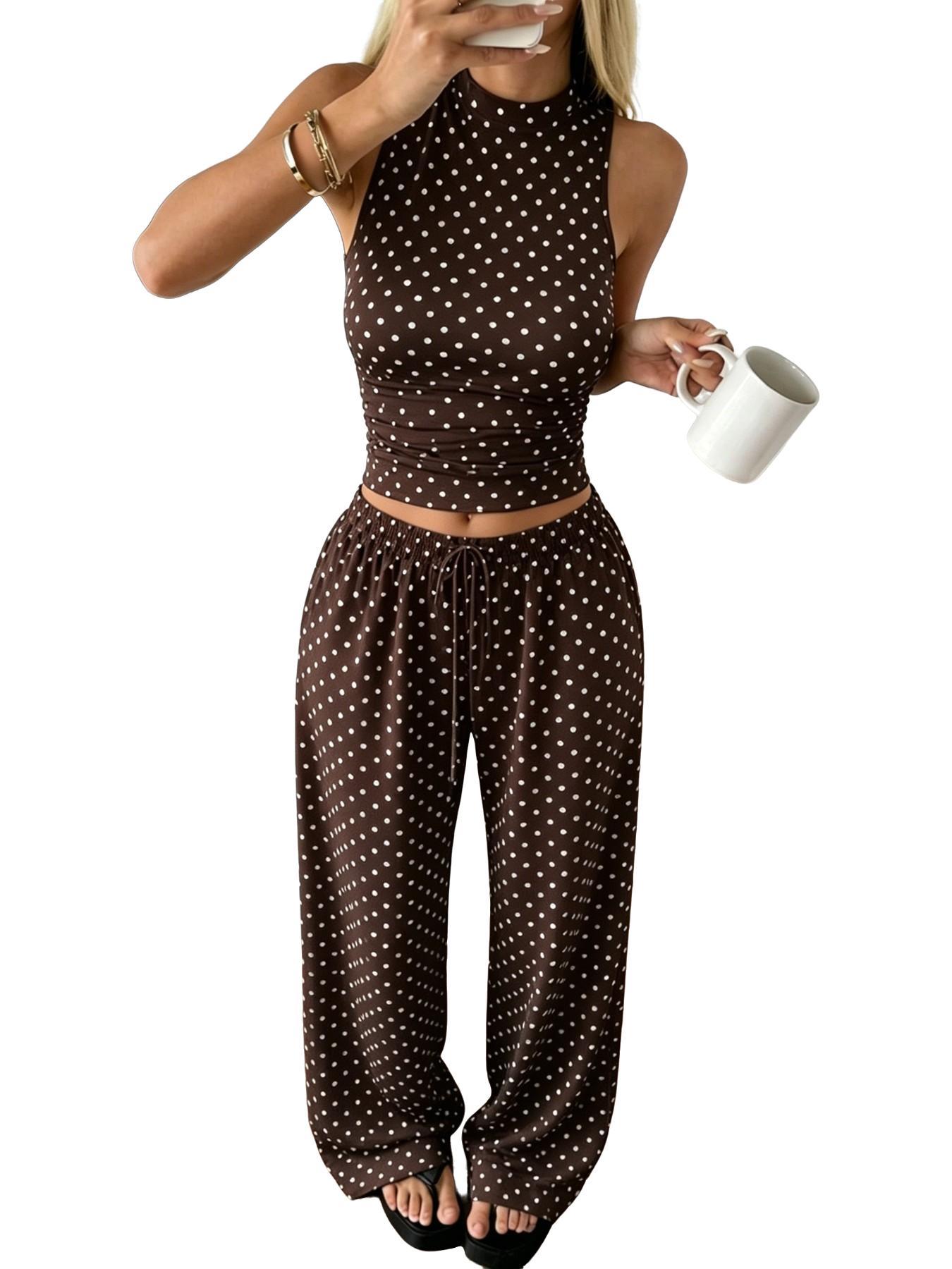 Women's Matching Polka Dot Print 2-Piece Outfit, Sleeveless Mock Neck Crop Top and Drawstring Wide-Leg Pants Set, Bohemian Casual Summer Streetwear Set, Casual Everyday Set, Summer Matching Sets