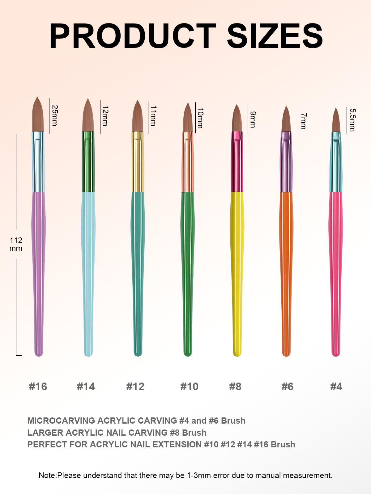 Aillsa Acrylic Nail Brush Set, 3/7pcs 3D Nail Carving Manicure Tool for Home & Salon Use, Acrylic Powder Brush Pen DIY Size 4/6/8/10/12/14/16 Nail Art Extension Helloween/Christmas Gift for Women