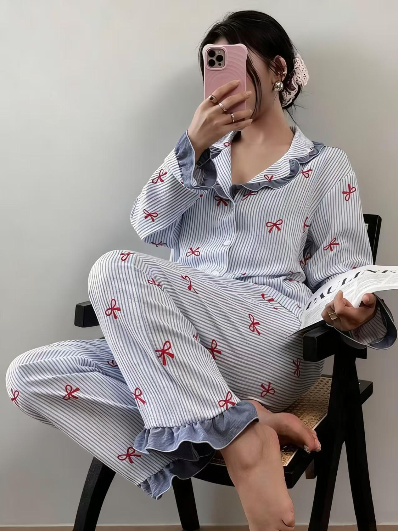 Women's 2-Piece Sleepwear Set Loungewear, Sweet Casual Home Clothes, Long Sleeve Pajamas with Bow Pants, Pocket Design, Striped Pattern, All Seasons