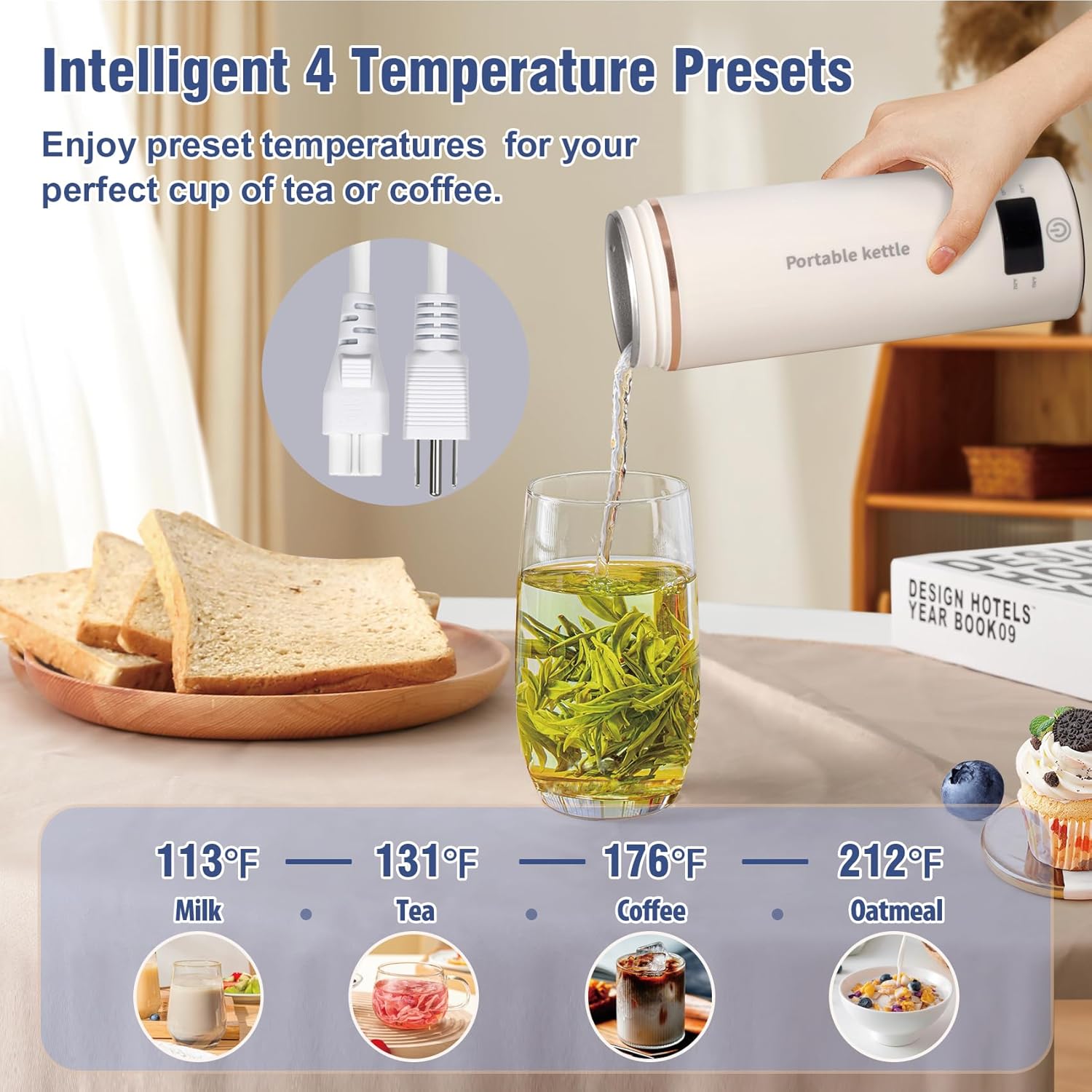Portable Travel Electric Kettle - 400ml 304 Stainless Steel Mini Compact Hot Water Boiler with LCD Screen, 4 Temperature Settings, Auto Shut-Off, Boil Dry Protection, Temperature Controller, Improved Vent Holes, 1.1 lbs, 13.5oz (Beige) for Family, Hotels,