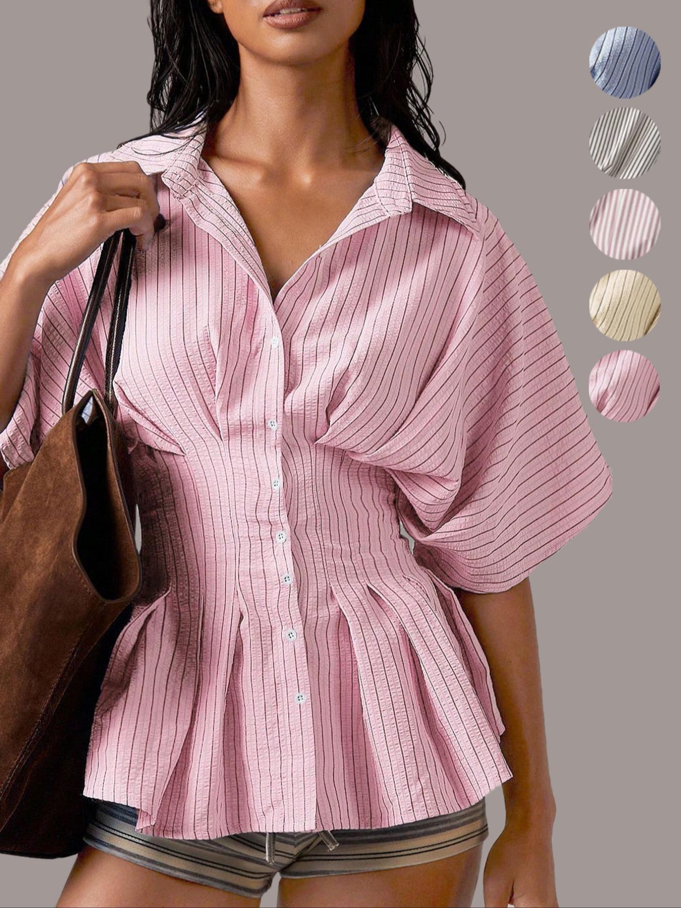 Women's Striped Aesthetic Shirt Blouse, Casual Short Batwing Sleeve Collar Top for Daily Wear, Ladies Clothes for Work Office Business Womenswear