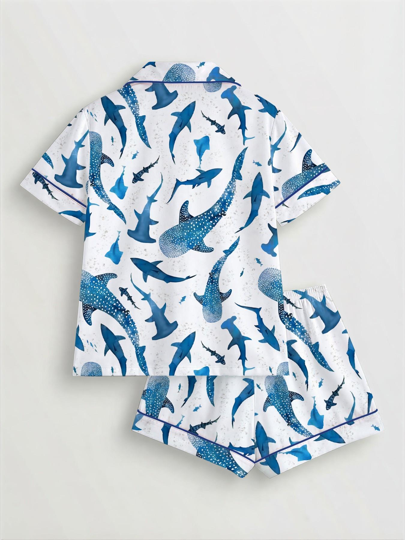 Women's Shark Print Pajama Set, Short Sleeve Button-Up Top and Elastic Shorts, Casual All-Season Sleepwear, Comfortable Home