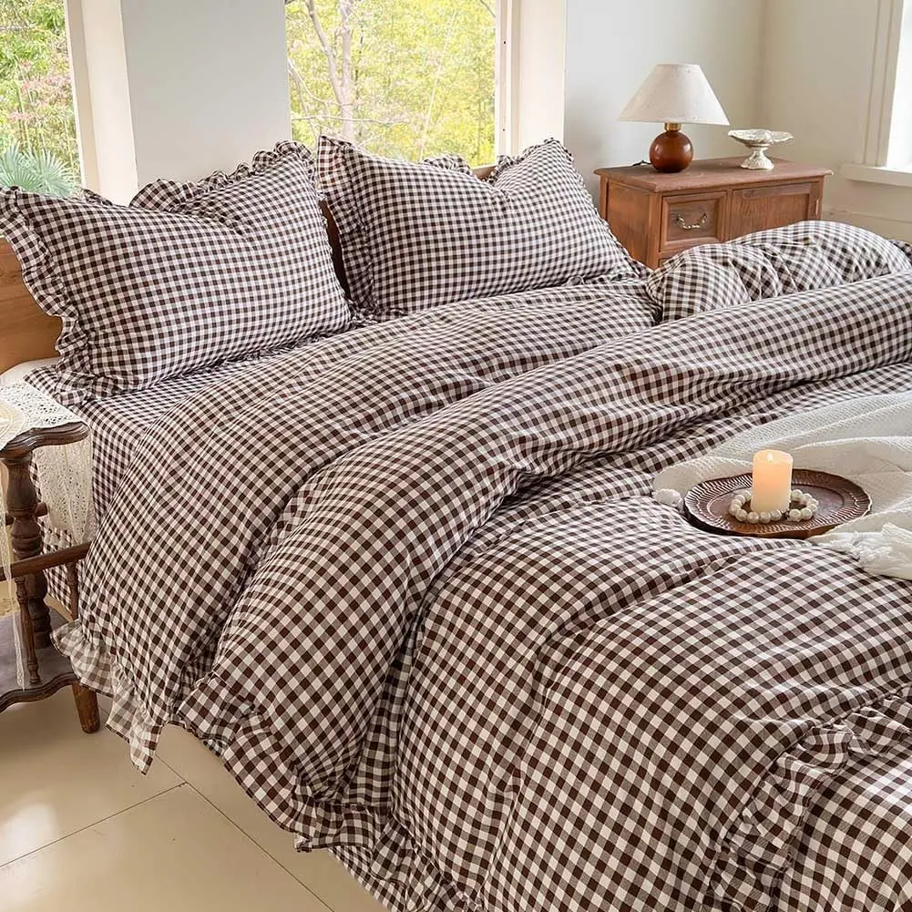 Mocha Gingham Ruffle Queen Duvet Cover | Soft Breathable Pre-Washed Microfiber Checked Plaid Bedding Set
