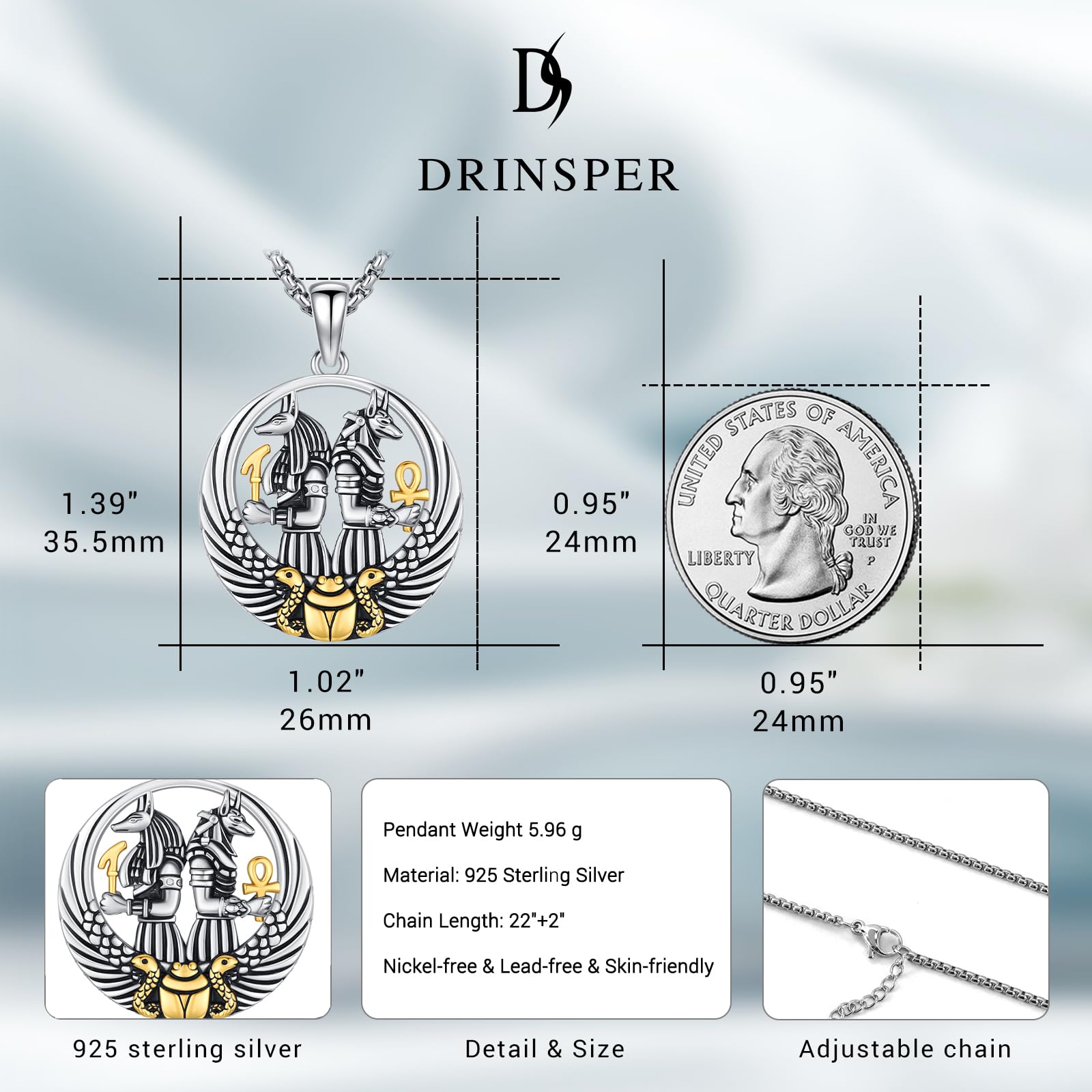 DRINSPER Anubis Necklace 925 Sterling Silver Ancient Greek Mythology Jewelry