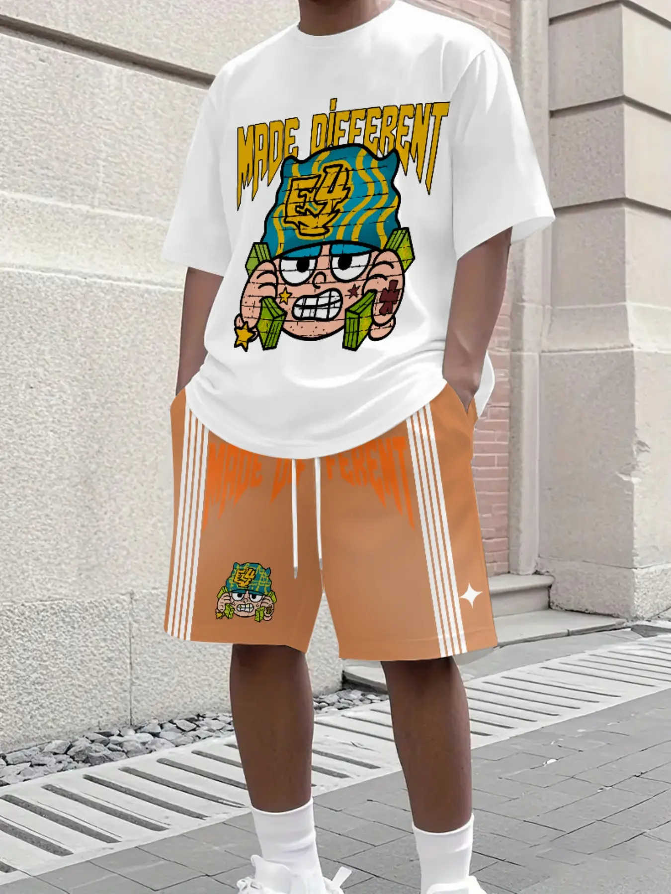 Men's Fashion Made Different Cartoon Print Short Sleeve Tee and Striped Drawstring Shorts Set, Casual Streetwear Two-Piece for Summer