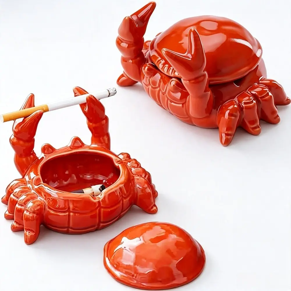 Crab Ashtray with Lid, Ceramic Windproof Cigarette Ashtray for Indoor or Outdoor Use Desktop Decoration Crab Pincers Holder for Hold Cigarette, Pen