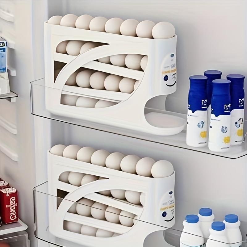 4-Layer Refrigerator Egg Storage Container Holds 32 Eggs, Side Door Design for Kitchen Organization, Automatic Rolling Multi-Layer Large Capacity Egg Tray