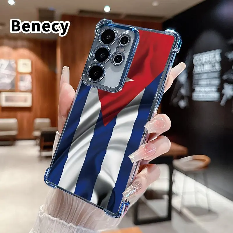 Soft Silicone Mobile Phone Case with Cuba's Fluttering Flag Pattern - 4-Corner Electroplated, Shockproof, Anti-Drop Protection Accessories for Samsung Galaxy S22+ S23 Ultra S24 Plus S25 S26 FE Edge Devices