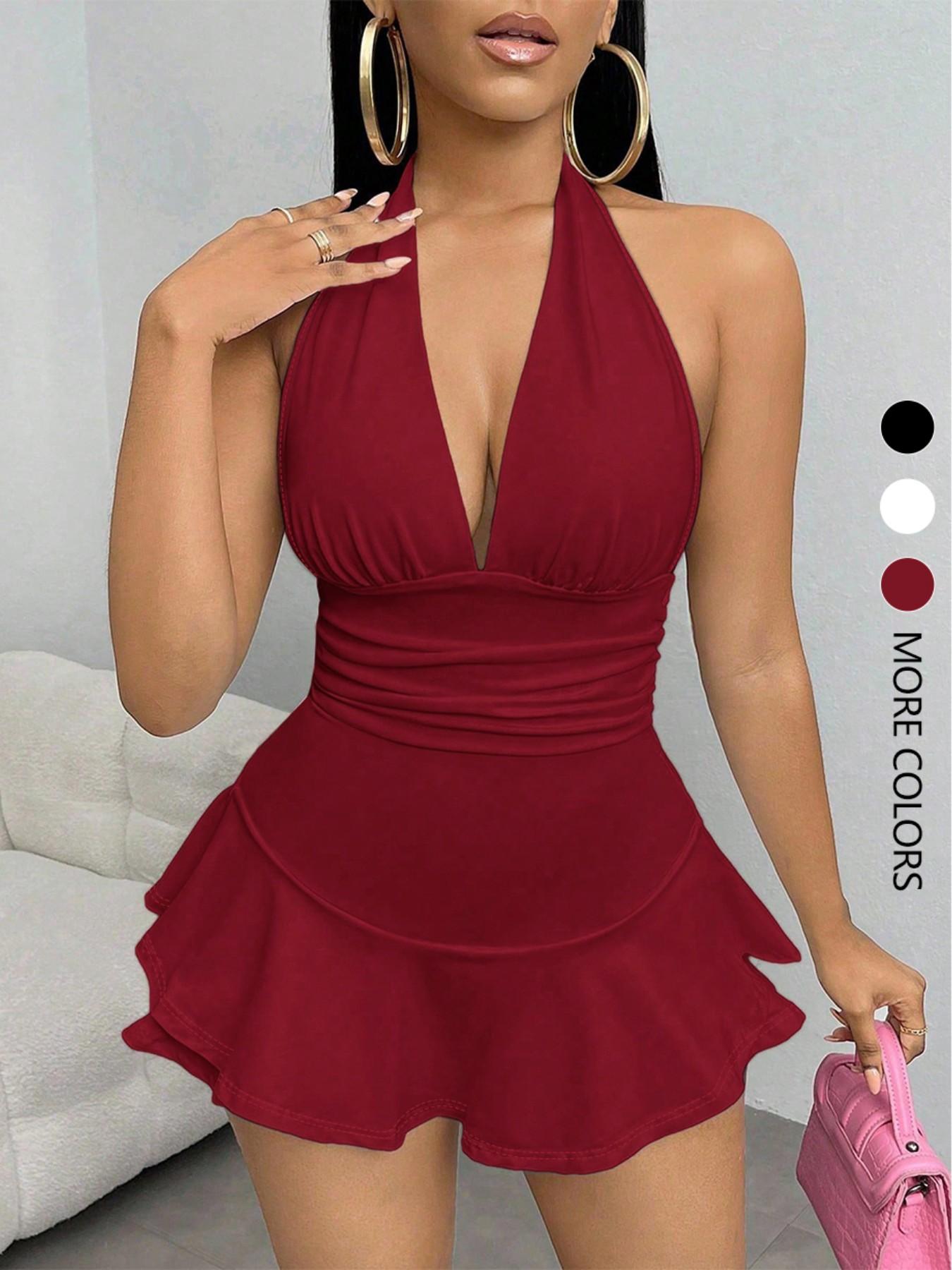 Women's Simple Solid Backless Halter One-Piece Romper, Ruffle Hem, Sleeveless, Casual Summer, Fashionable and Comfortable