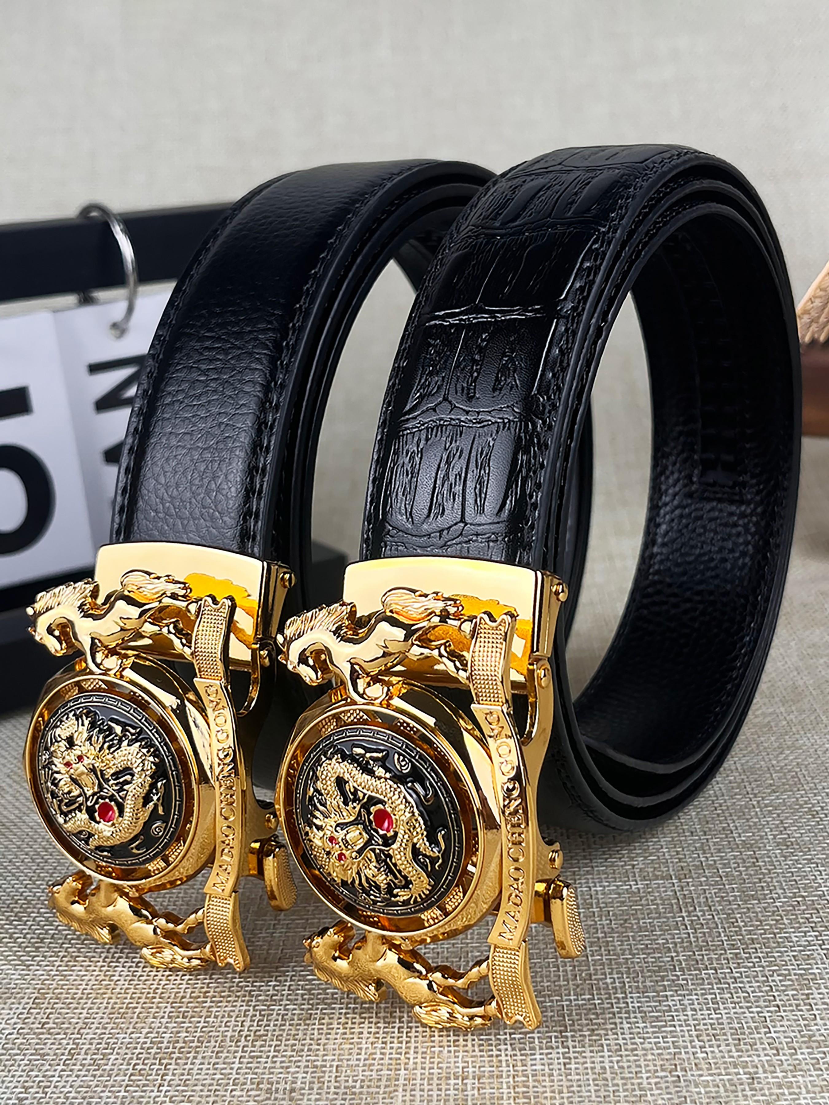 Men's and Women's Twin Horse Relief Design, Dragon Pattern Alloy Automatic Buckle Belt, Trendy and Fashionable, Novel, 1.38in/3.5cm Wide Ratcheting Belt, Gold Metal Decorated Buckle Belt, Christmas Gift, Valentine's Day Gift.