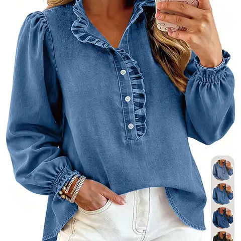 Women's Denim Top with Half Placket Design, Ruffle V-Neck and Bubble Sleeve, Loose Fit Shirt for Vacation and Commute, Fashion