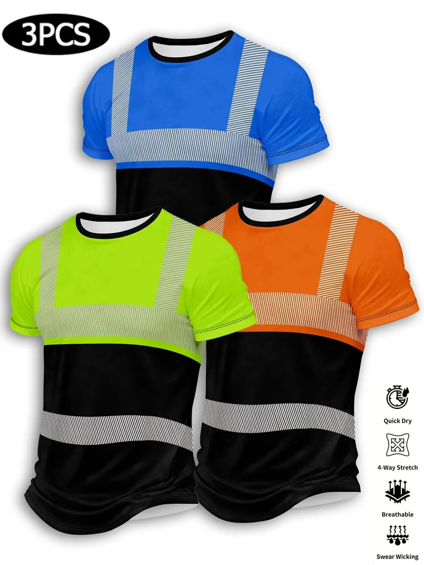 3-Pack Men's Safety Workwear Active Work Environments Short Sleeve T-Shirts, Quick-Dry, Four-Way Stretch, Breathable, Moisture-Wicking, Round Neck, Casual Style