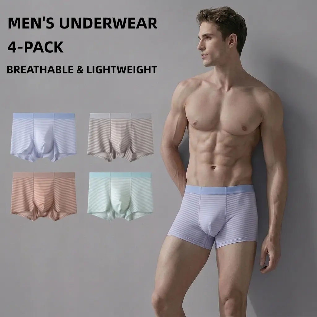 4-pack Men's panties ice silk striped breathable boxers transparent thin mulberry silk antibacterial shorts boxers