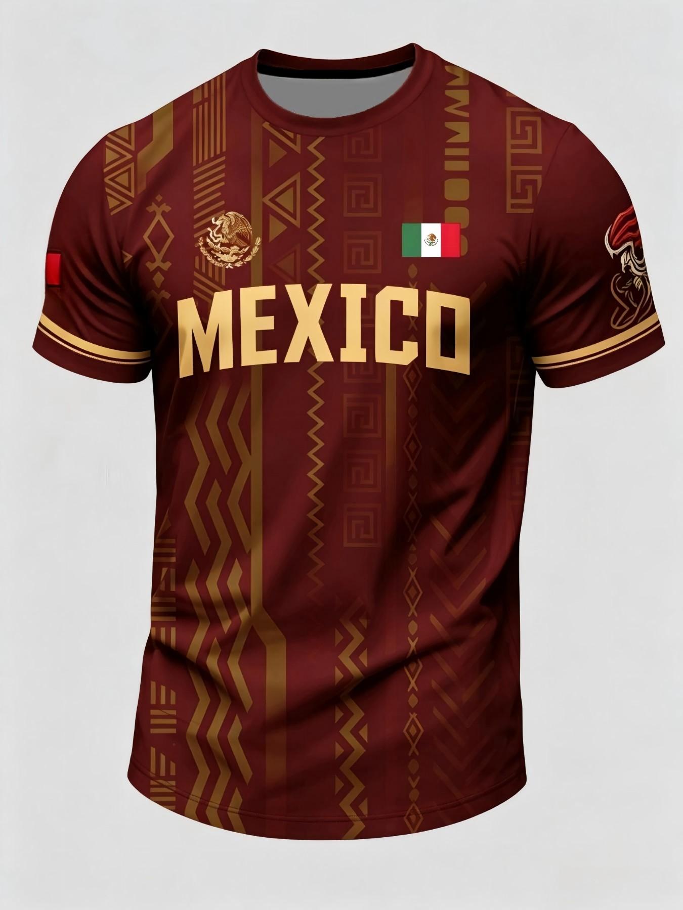 Men's Summer Short Sleeve T-Shirt, Mexican Tourism Cultural Souvenir, Dark Pattern Round Neck, Outdoor Casual Fashion Print