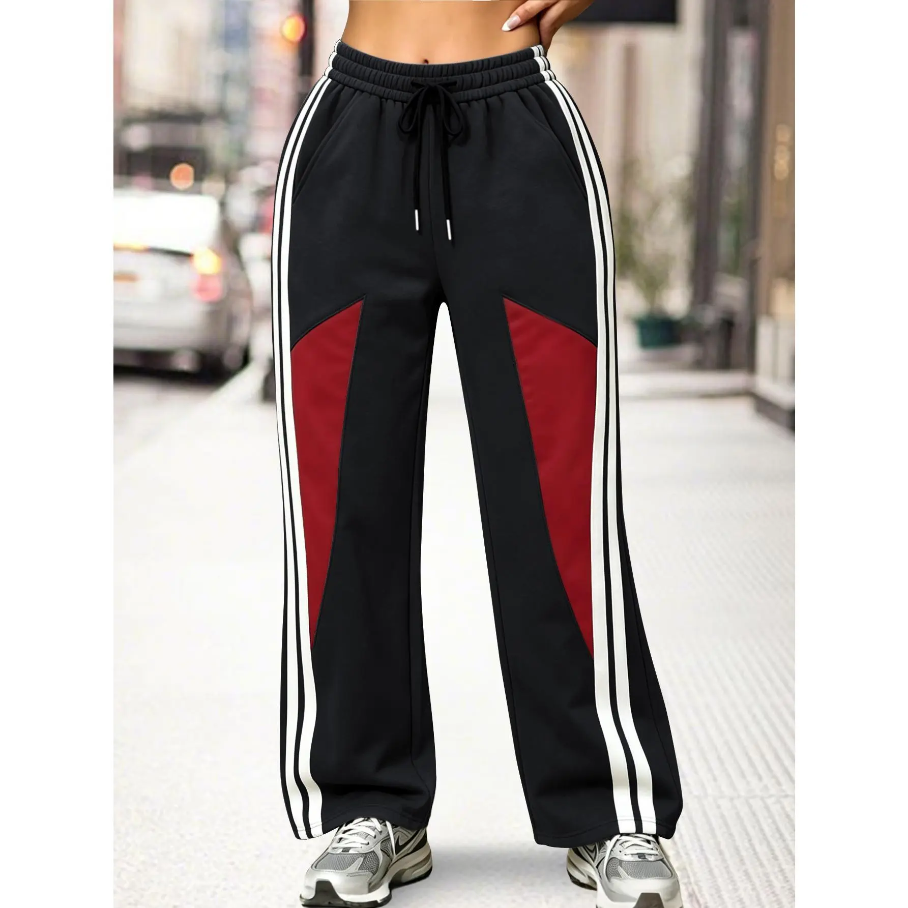 Women's Wide-Leg Sports Sweatpants - Retro Street-Style Soft Loose Bottoms with Contrast Color Panels, Side Stripes, Elastic Drawstring Waist, Side Pockets for Street Strolls, Gym