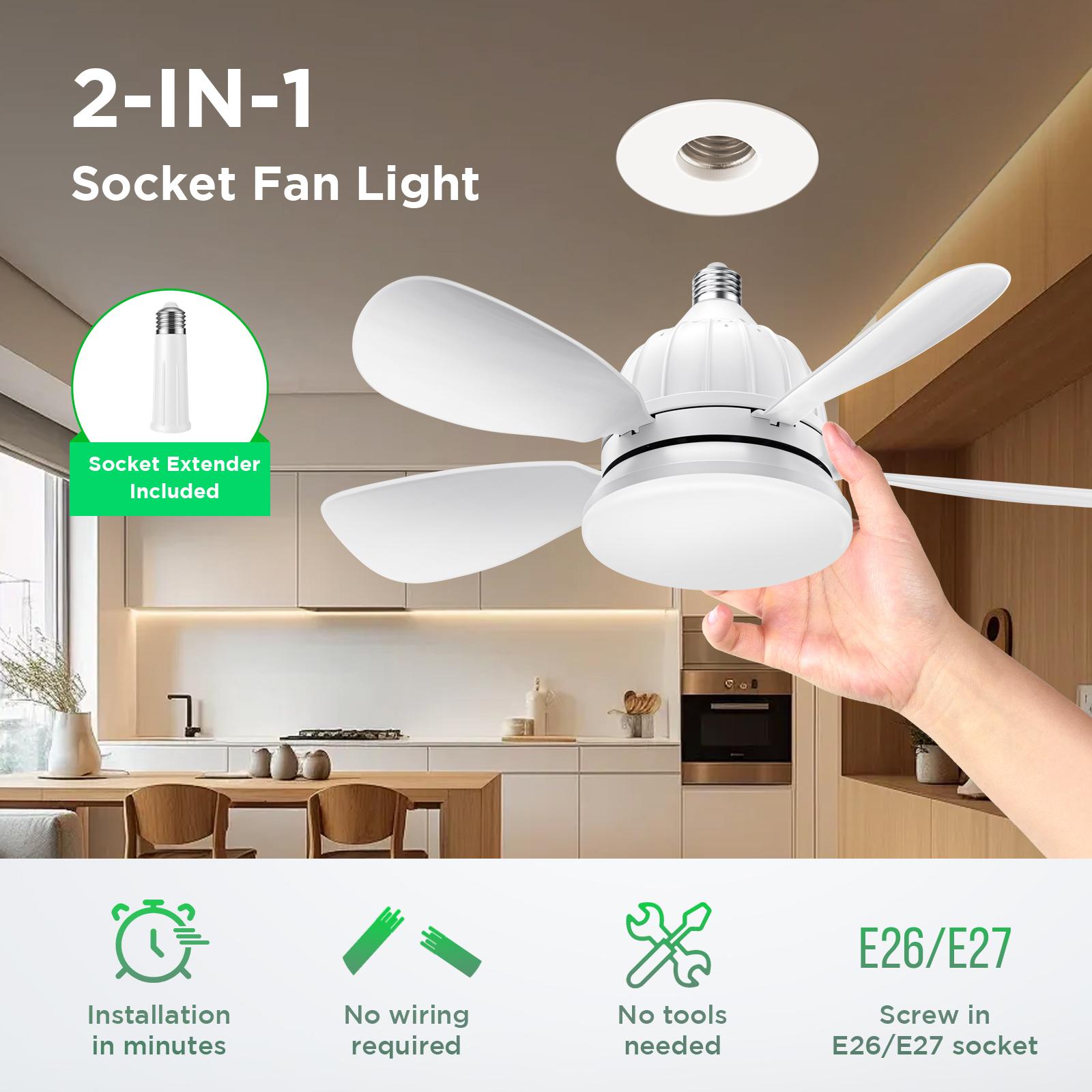 Socket Fan Light with Remote and LED Lights, Ceiling Fan Lights with E27 Base, Screw in Ceiling Fans for Patios, Garage, Bedroom, Living Room, Closet, and Small Rooms
