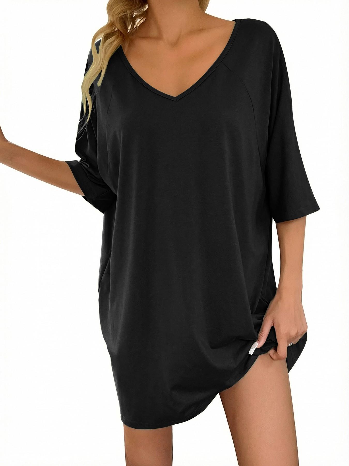 2026 Women's Sleepshirt Deep V Neck Nightgown Batwing Nightshirt Oversized Sleepwear