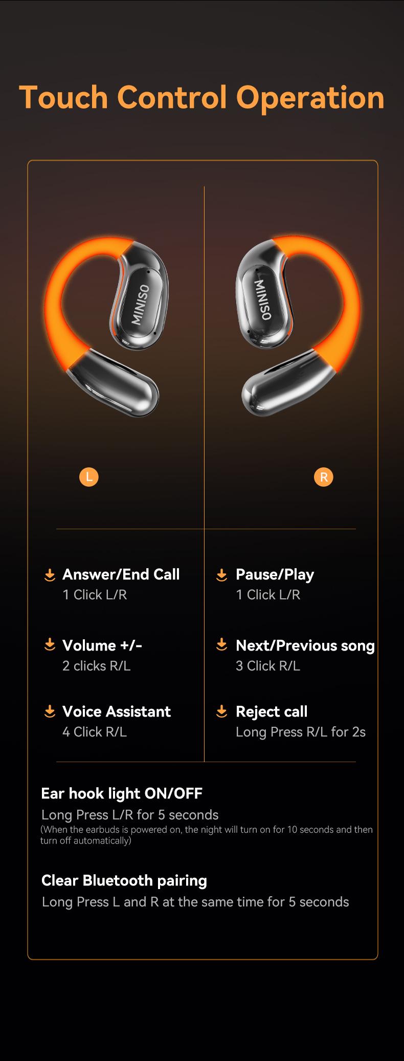 MINISO MS183 Bluetooth Wirelss Earphones High-Value Earbuds 360° Rote Fashion Luminous Open Headset HIFI Sound Quality Long Battery Life for Games Headphones Compatible with iOS / Android Phones