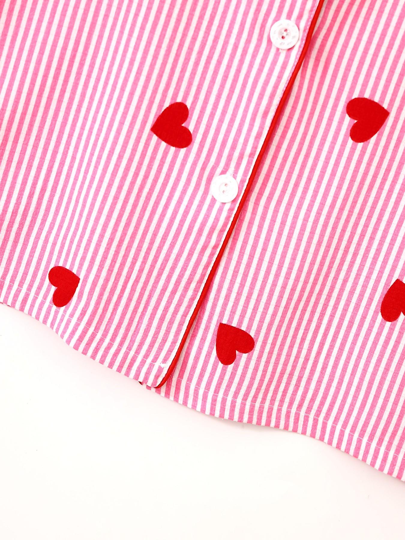 Women's Sleepwear Set, Short Sleeve Cardigan Top + Shorts + Long Pants, Striped Heart Print, Casual Fitted Style, All over Print