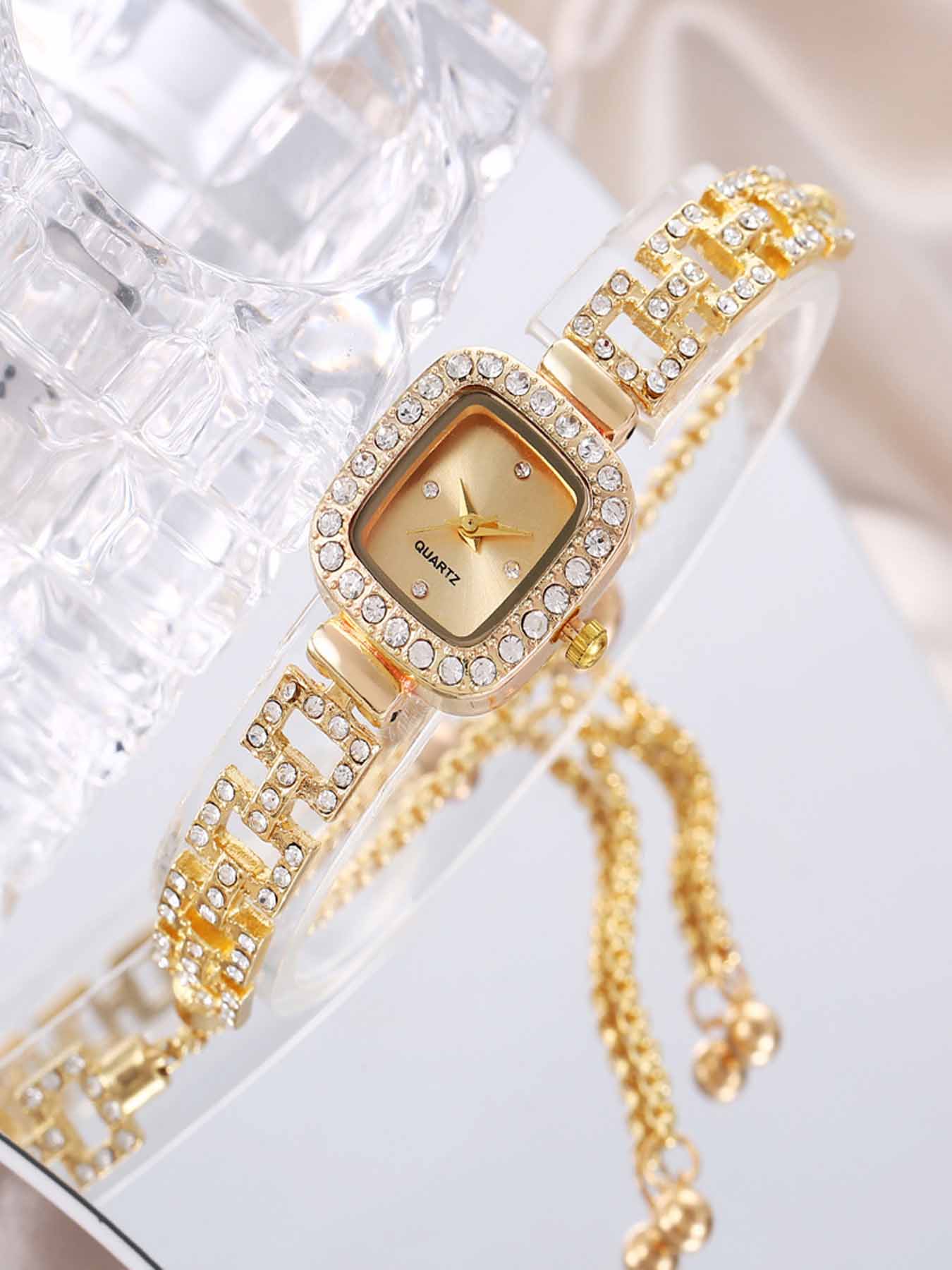 Women's Square Rhinestone Decorative Watch, Crystal Dial, Elegant Style Quartz Watch, Elegant Design, Suitable for All Seasons, Fashionable Watch
