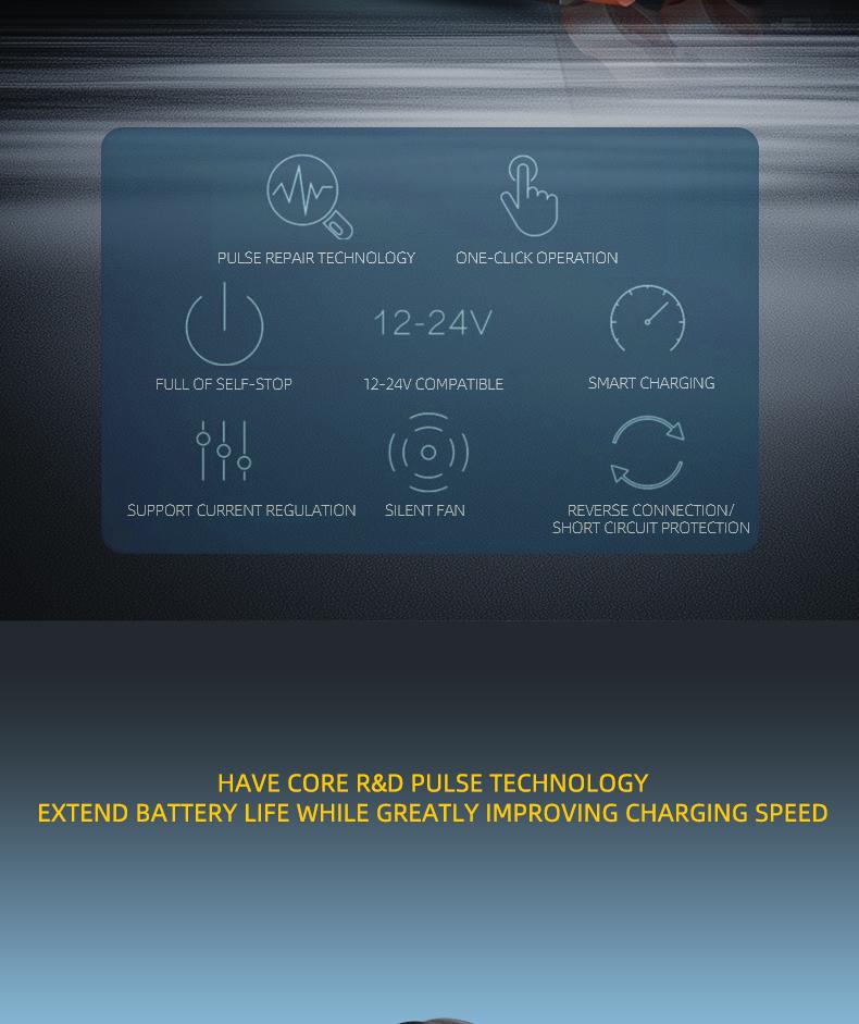 12V and 24V smart universal battery charger with LCD display, smart maintenance, temperature compensation, overcharge and short-circuit protection, suitable for intelligent trickle charging and maintenance of car, SUV, truck, yacht, emergency starter