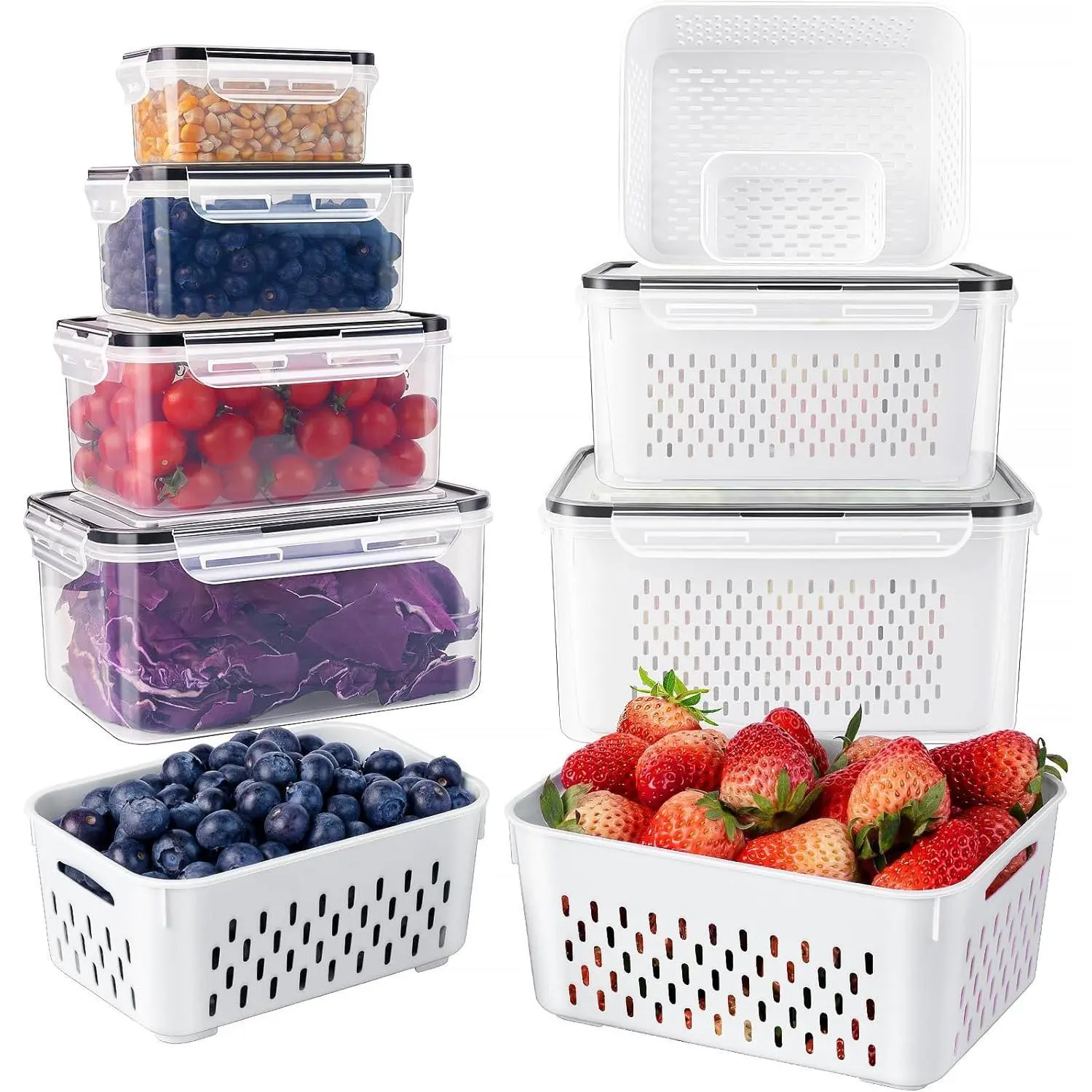 6-Pack Kitchen Plastic Stackable Food Storage Containers with Removable Colanders, 4-in-1 Leakproof Fridge Organizer Bins with Lids for Salad, Berry, Lettuce, Vegetables, Meat Utensils