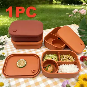 1Pc Silicone Bento Lunch Box Microwave Safe Leak Proof Food Storage Container with 4 Compartments Suitable for Schools Offices Camping and Picnicking Back To School Season