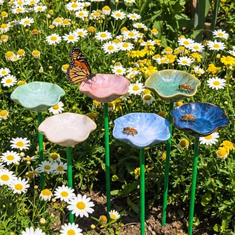 4/6 Pcs Ceramic Bird Feeder Dishes, Flower Shape, Butterfly Bee Water Bowl, Outdoor Decoration, Elegant Design for Garden Use