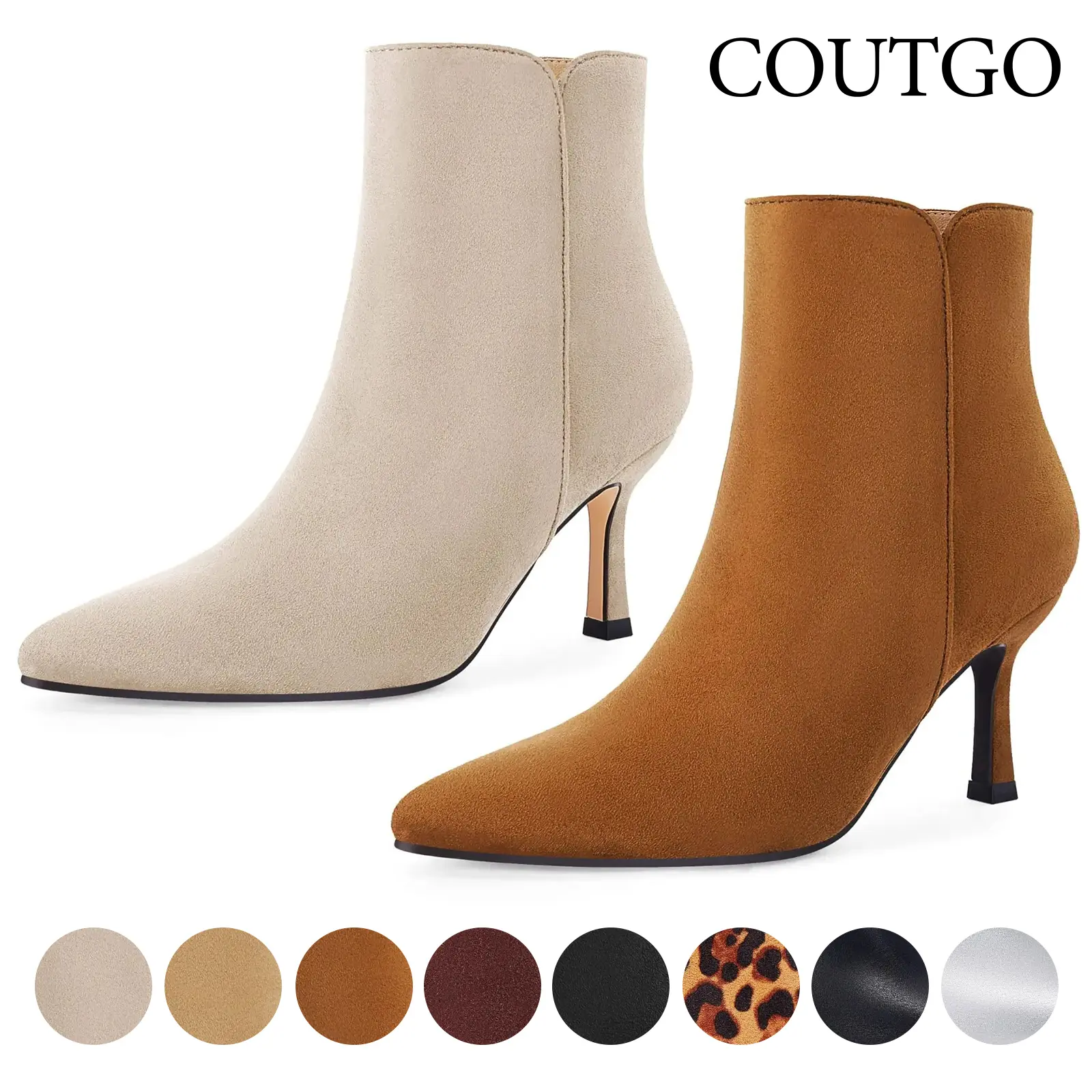 Coutgo Women's Kitten Heel Booties Pointed Toe Low Stiletto Side Zipper Ankle Boots Shoes tiktokshopbacktoschool