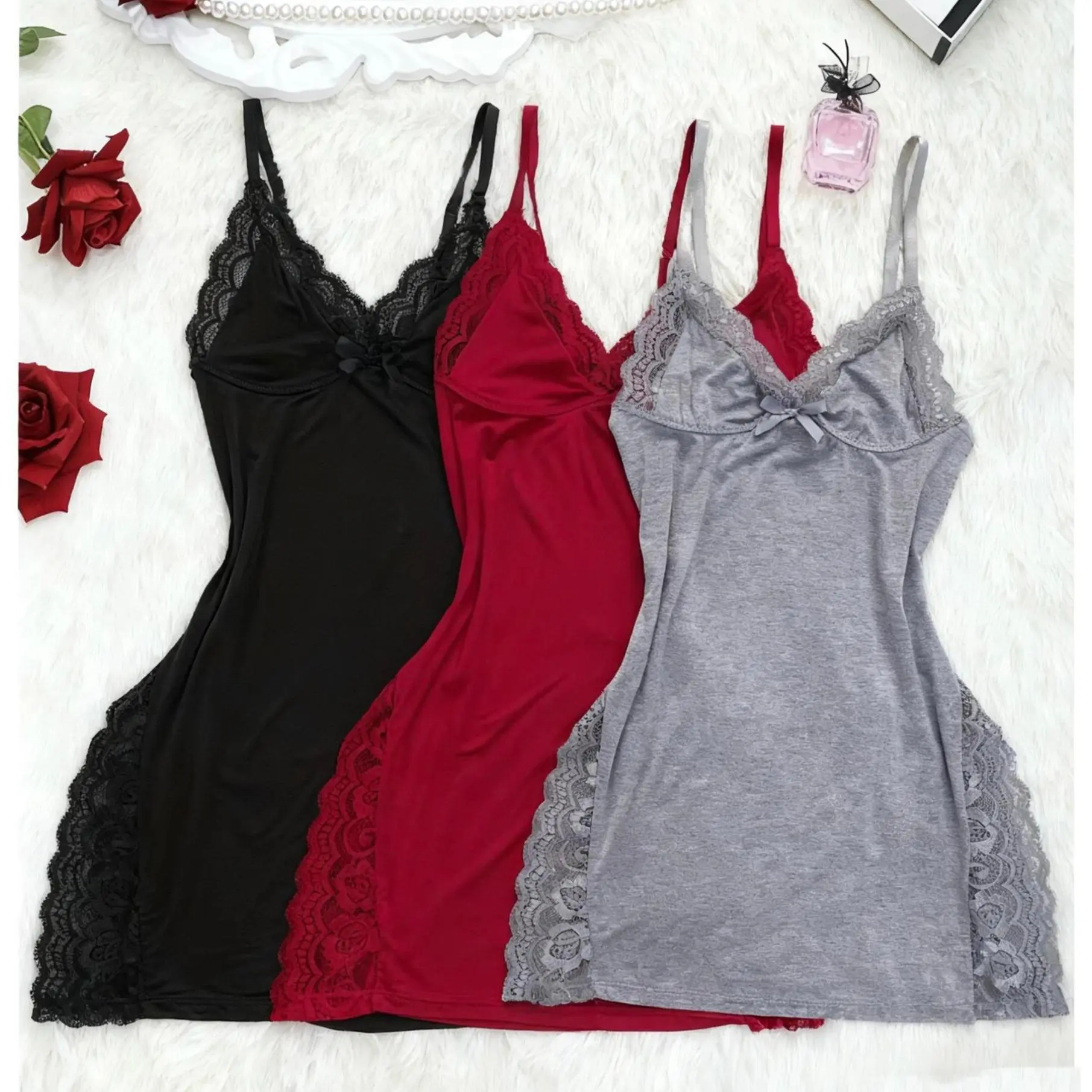3-Pack women's solid-color lace pajamas, lace panel, skirt side split, sexy lace home pajamas