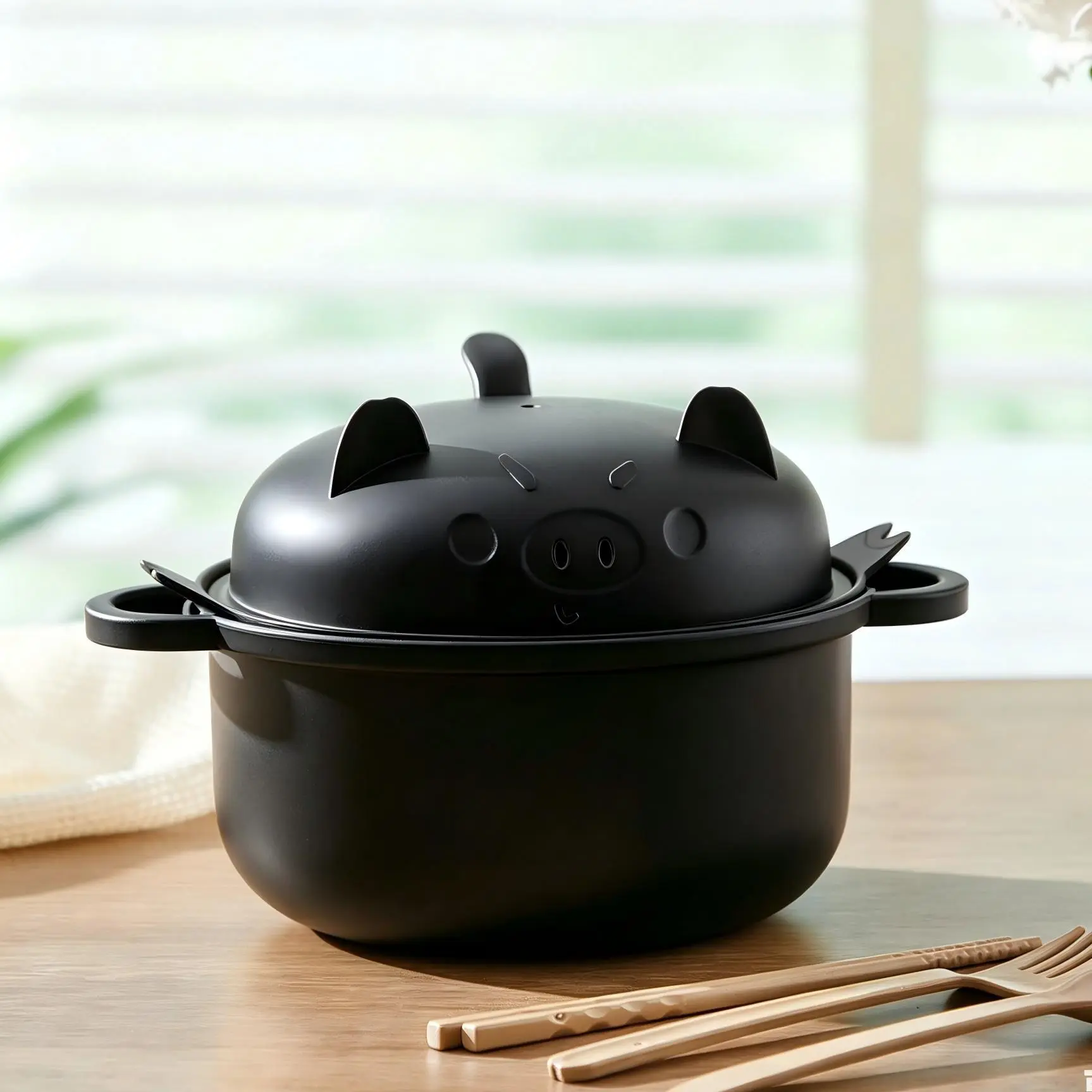 Black 1-Set Microwave Ramen Style Bowls (45oz/1300ml) with Strainer Lid, Handle, Spoon, Fork & Chopsticks - Pig Ramen Cooker Kitchenware for Home, Dorm Use, Mother's Day Gifts, 1 Set (Black)