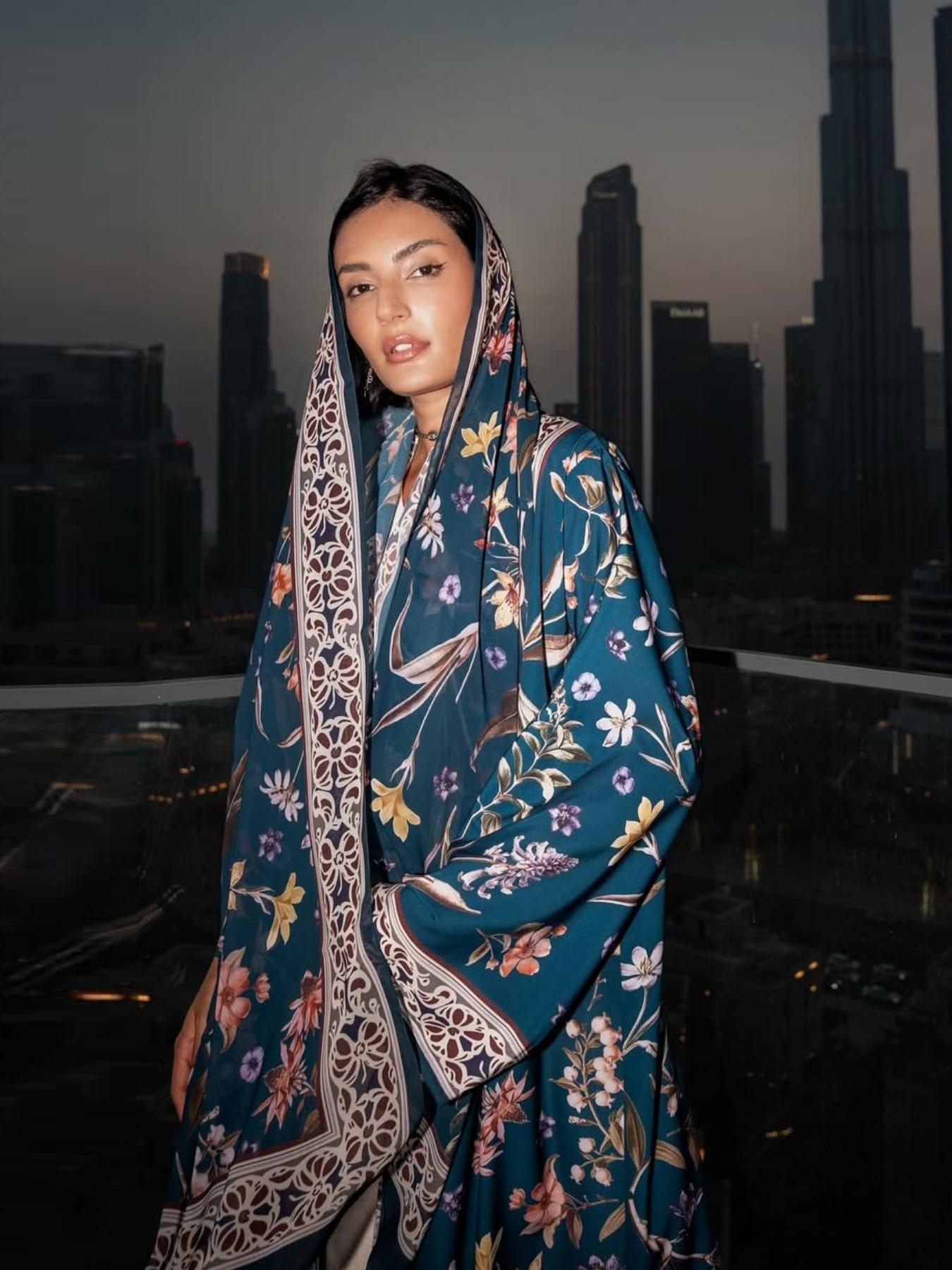 Muslim Women's Abaya Set with Hijab, Elegant Simple Floral Print Long Robe Jacket, Casual Party Beachwear, All Seasons Wear