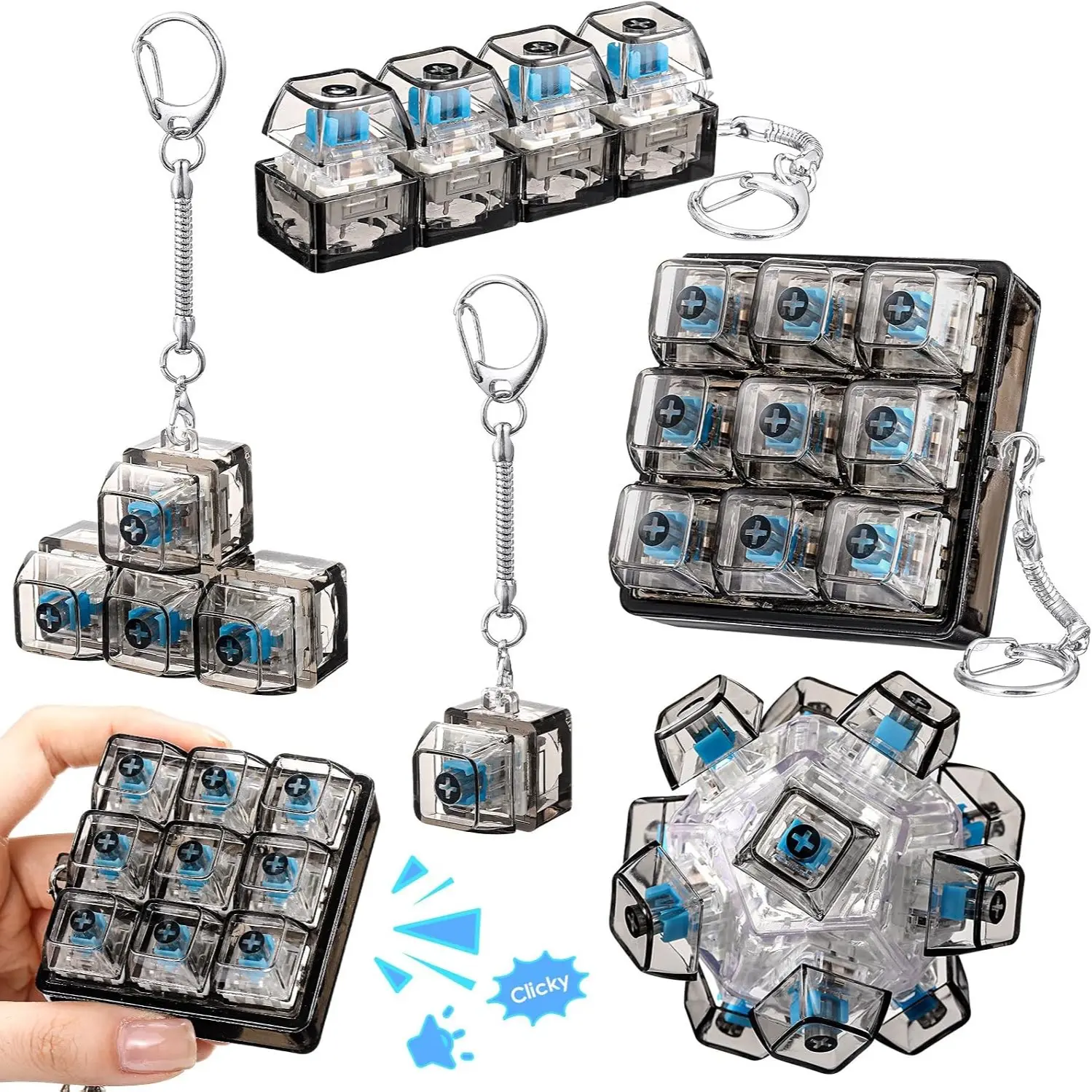 5 Pack Keyboard Fidget Sensory Keychain Toy for Adult Kids to Stress Relief, 5-Style Keyboard Decompression Button Finger Clicker Toys, Cube Mechanical Keyboard Fidget Gifts for Office Home Pass Time (Black)