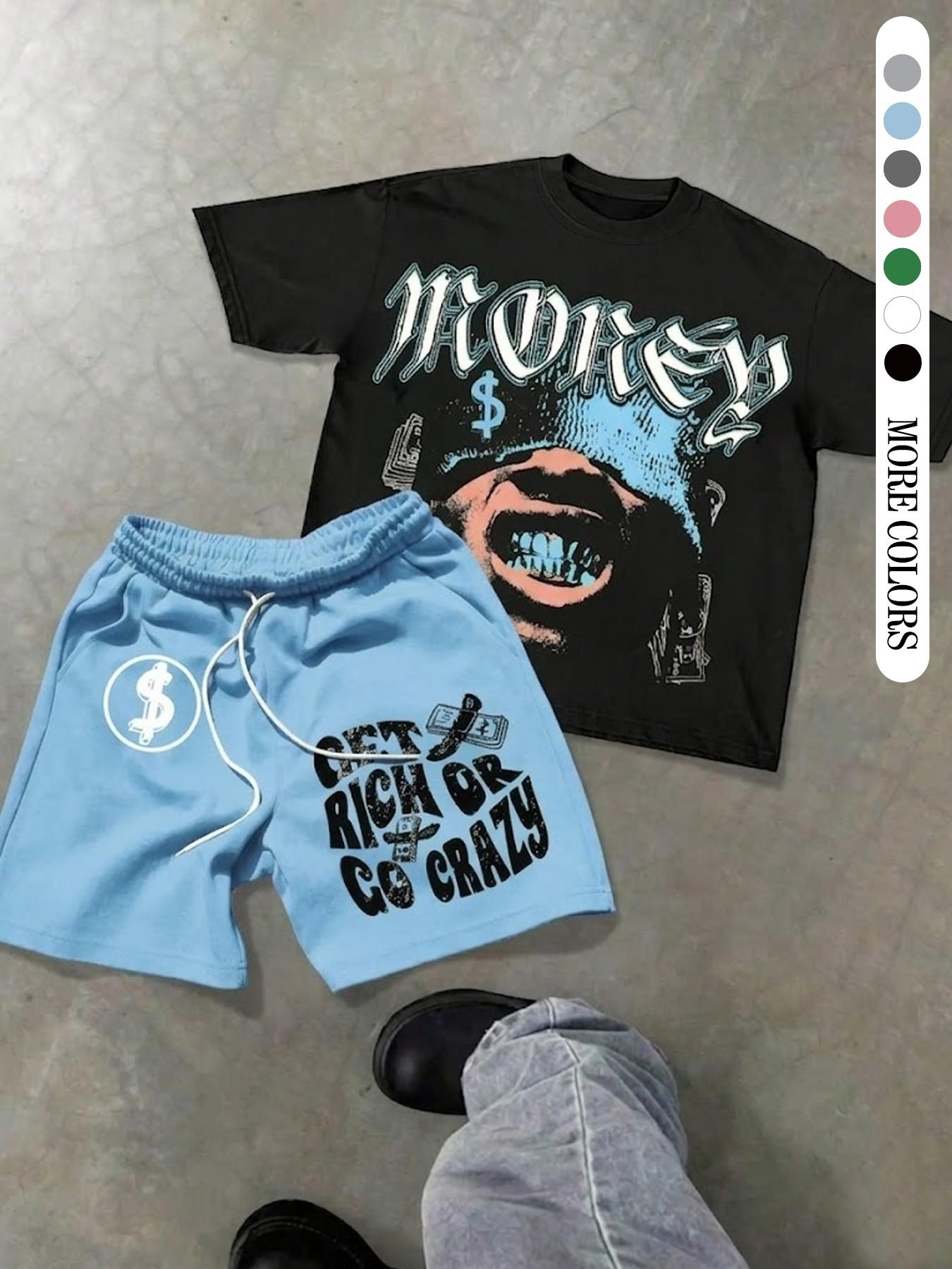 Two-Piece Set Men's Money Print Graphic Short Sleeve Crop Tee & Shorts, Loose Casual Fashion Round Neck T-shirt & Shorts for Daily Outdoor Wear, Men's Clothing for Summer, Menswear