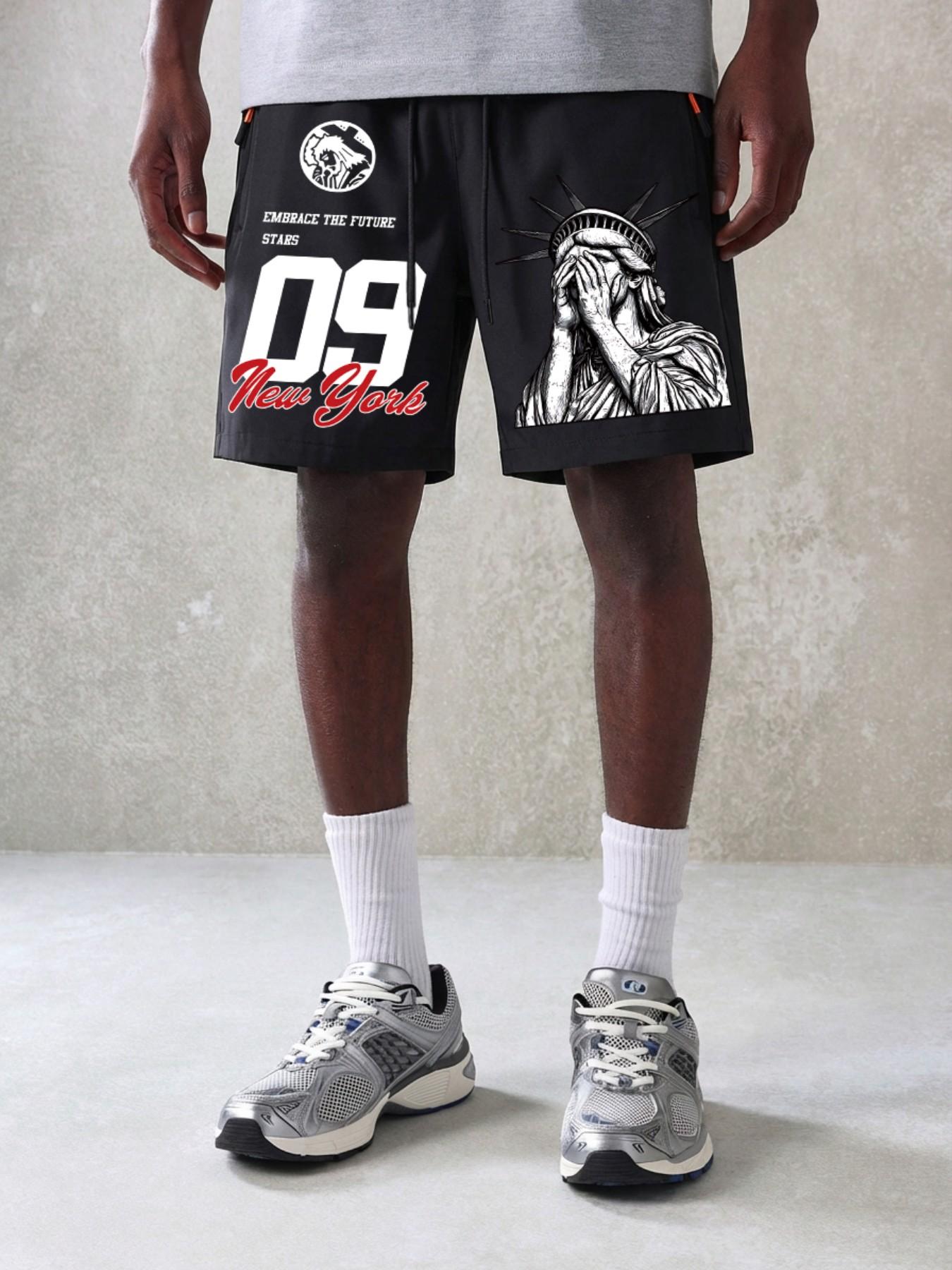 Men's Quick-Dry Fitness Shorts with Print, Summer Cool Breathable Running Gym Shorts, Pocketed, Ideal for Basketball Training