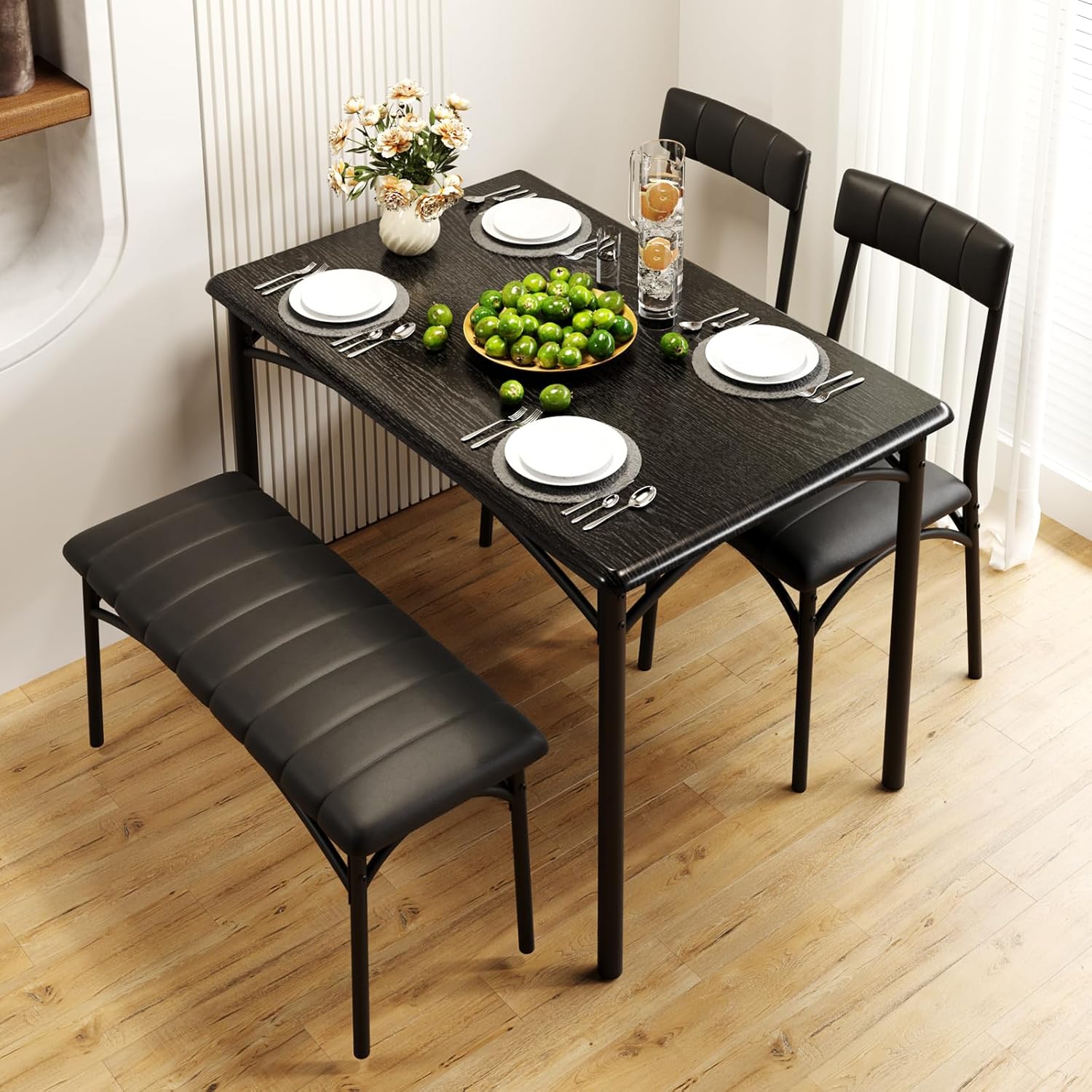 4-Piece Dining Set for 4 with Table, 2 Chairs & Upholstered Bench, Rectangular Wood Kitchen Table for Small Spaces, Apartments & Breakfast Nook 4-Piece Dining Set for 4 with Table, 2 Chairs & Upholstered Bench, Rectangular Wood Kitchen Table for Small Spaces, Apartments & Breakfast Nook