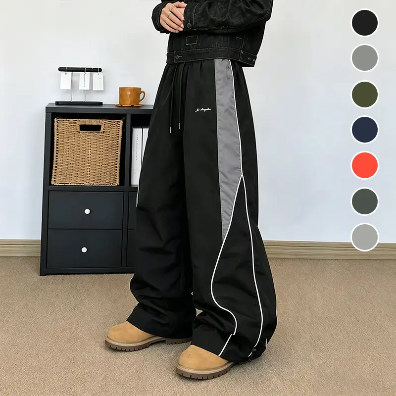 Solid Basic Men's Contrast Piping 2-Wear Wide Leg Parachute Cargo Pants, Dual Drawstring Elastic High Waist Draped Heightening Floor Straight Trousers, Loose Slimming Ice Quick Dry Casual Pants For Young Guys Campus Jogging Outdoor Travel