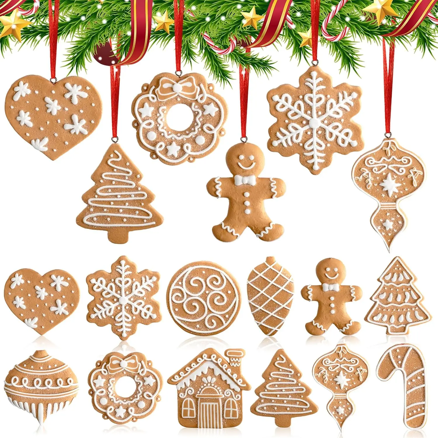 Gingerbread Christmas Tree Decorations Cookie Ornaments Xmas Decor | 12 count, polymer clay,  styles, ginger bread man, house, snowflake, heart, candy cane