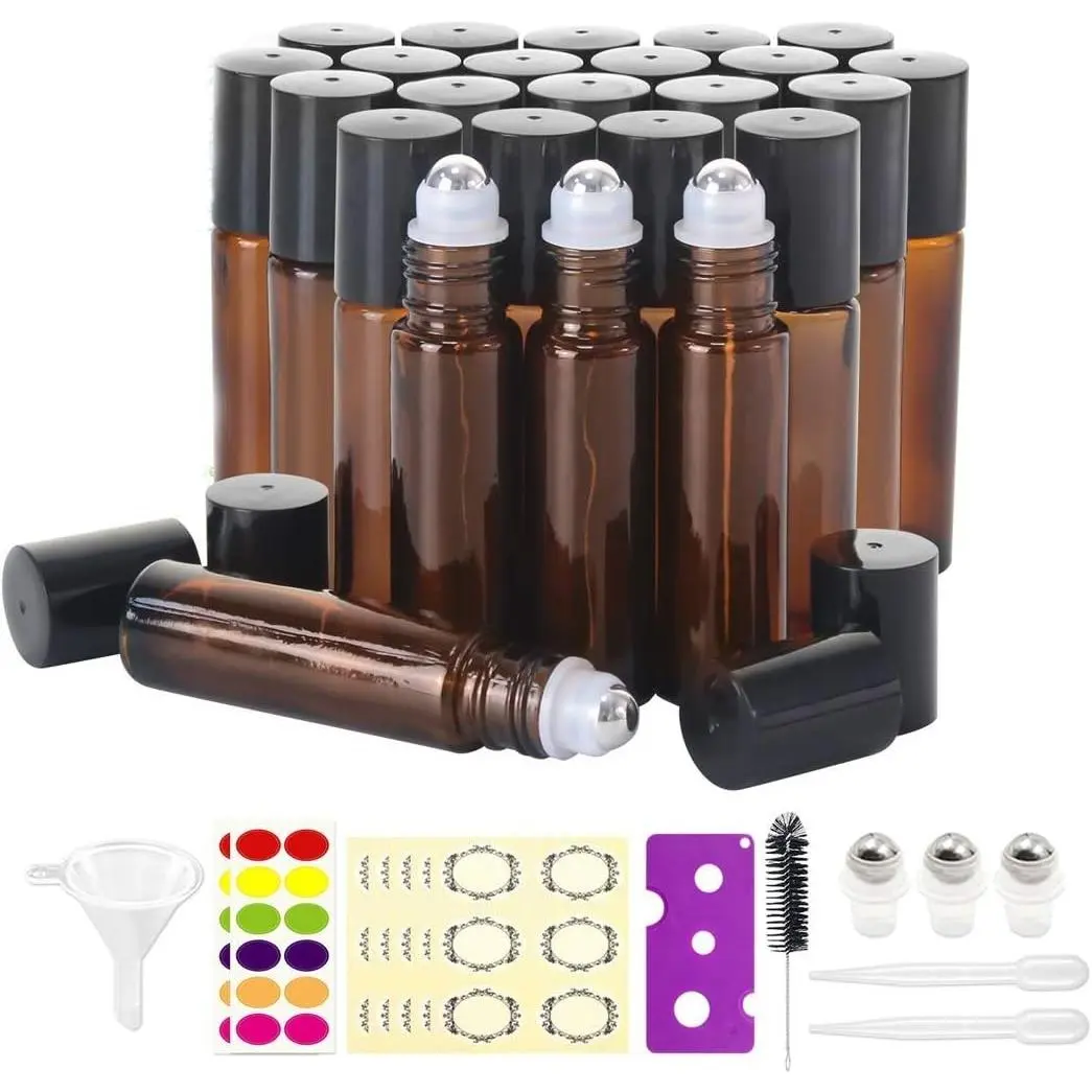 24 Pack 10ml Amber Glass Roller Bottles for Essential Oils with Stainless Steel Roller Balls and Caps, Ideal for Travel, Perfume and Lip GlossGift