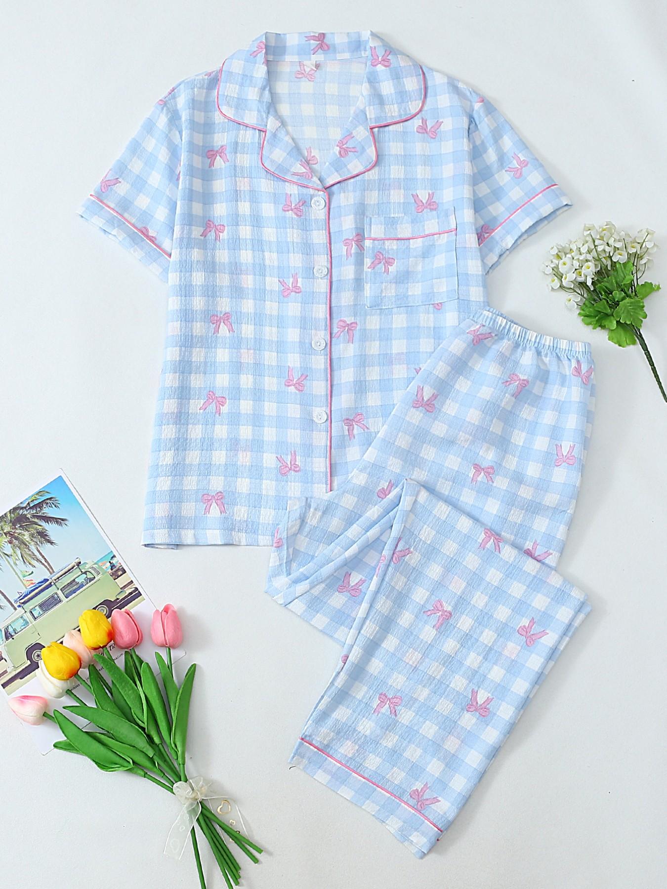 Women's Heart Print Short Sleeve Pajama, Casual Comfy Heart Print and Striped Lapel Neck Pocket Shirt & Pants PJ Set, Ladies Sleepwear for All Seasons, Loungewear, Pyjamas, Womenswear
