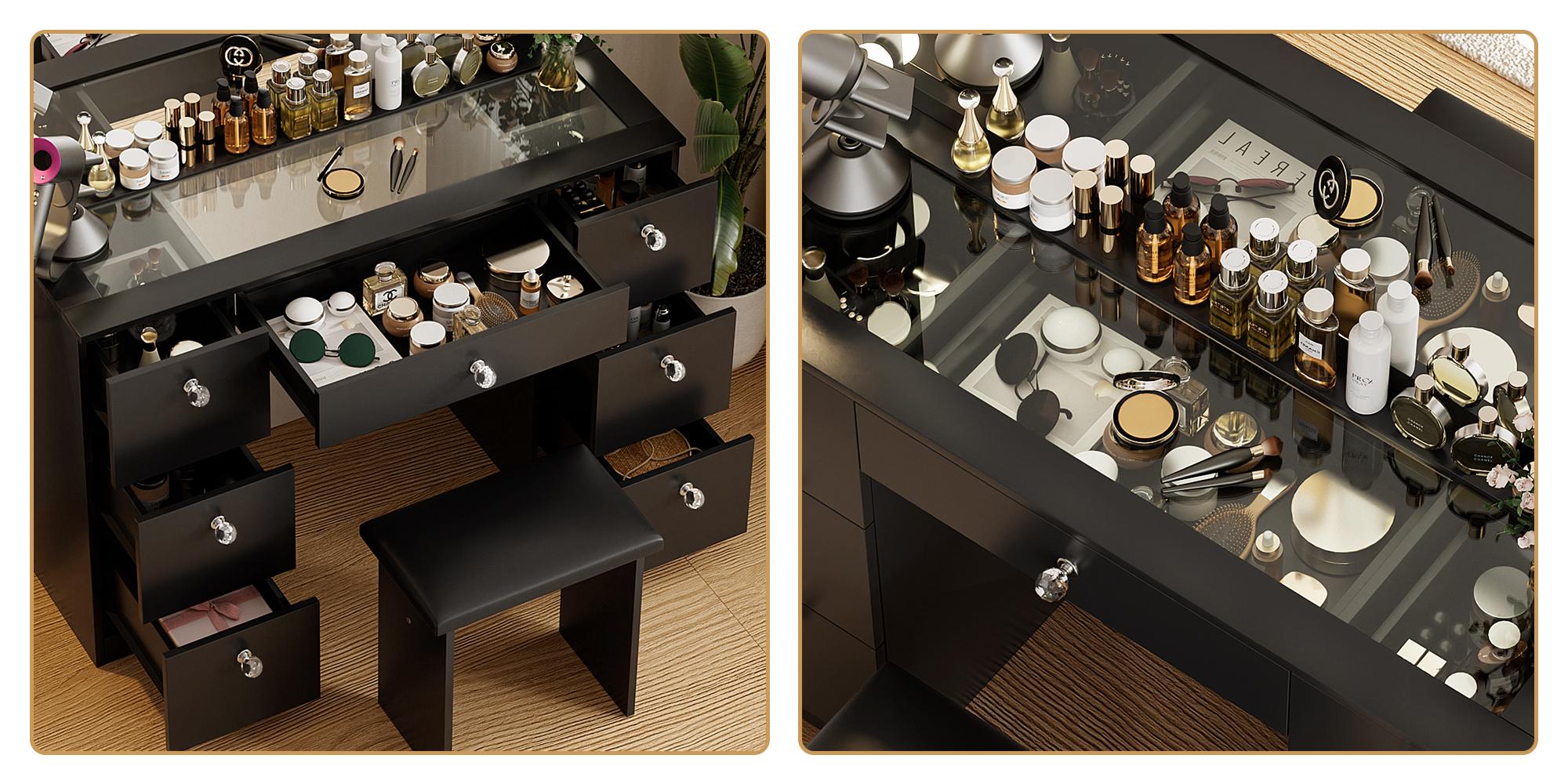 VOWNER 44" Makeup Vanity Table Desk Set With Power Outlet, 14 LED Bulbs Lights Mirror and 7 Drawers Furniture Bedroom, vanity mirror VOWNER 44" Makeup Vanity Table Desk Set With Power Outlet, 14 LED Bulbs Lights Mirror and 7 Drawers Furniture Bedroom, vanity mirror