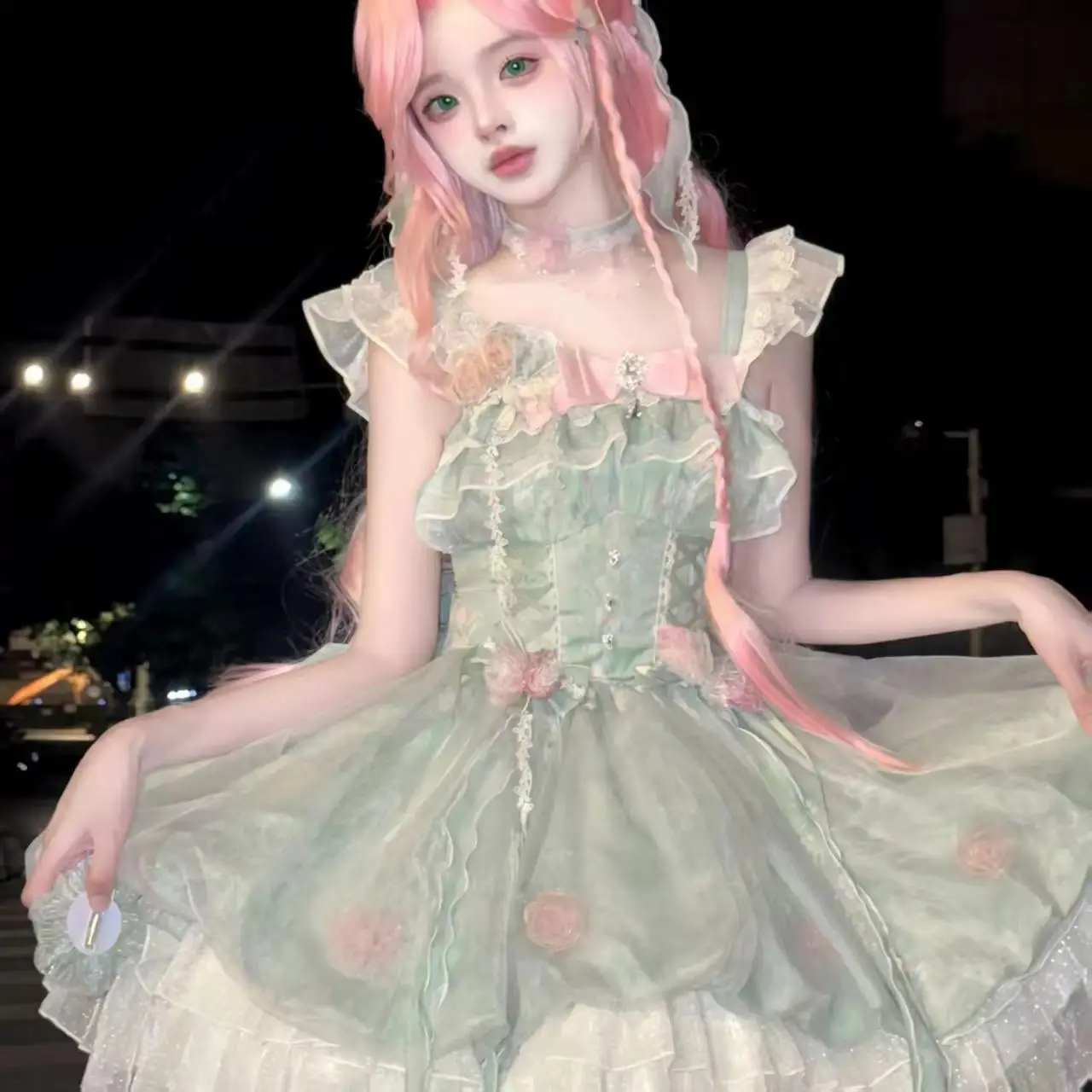 Autumn Vintage Lolita Dress Sleeveless Mint Green Floral Lace Bow Princess Dress with Flowers Kawaii Party Prom Dress for Women