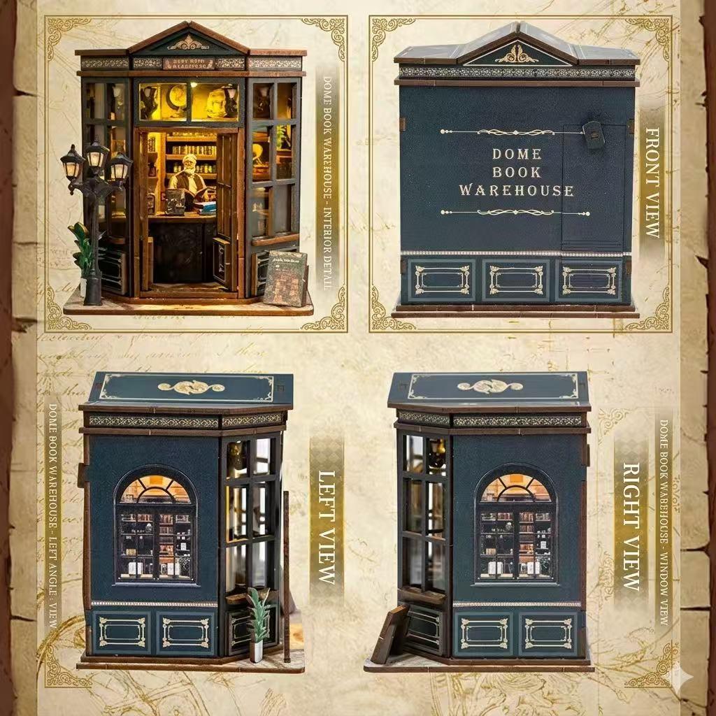 DIY Book Nook Kit, Dome Book Warehouse Miniature Dollhouse Bookstand with LED Light, 3D Wooden Puzzle Bookshelf Insert, Vintage Home Decor, Ideal Creative Gift for Adults & Teens