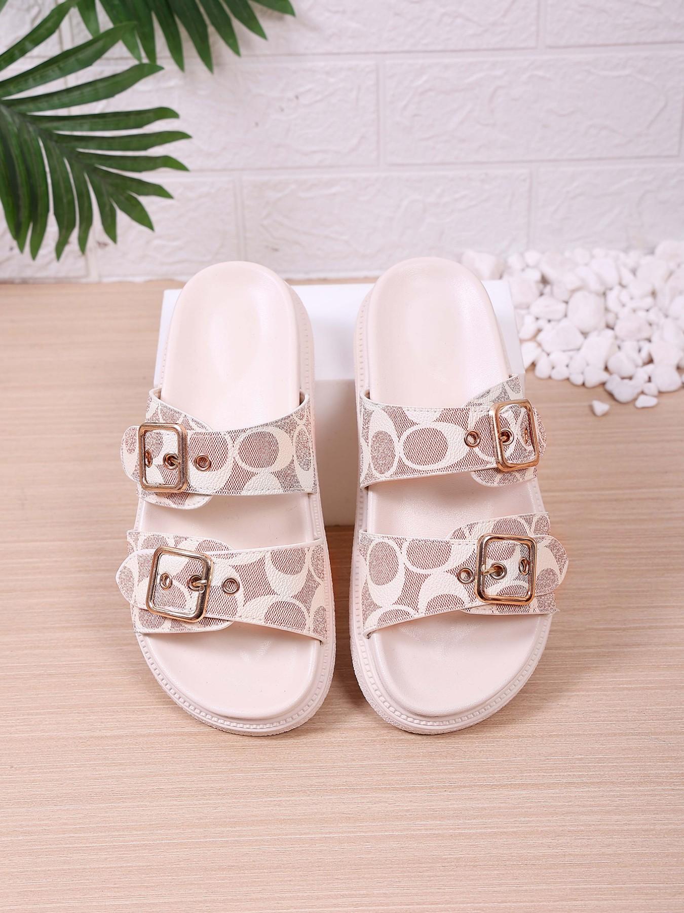 European Style Thick Sole Buckle Sandals for Women, Versatile Plain PU Leather Summer Beach Shoes, Casual Open-Toe Flip Flops