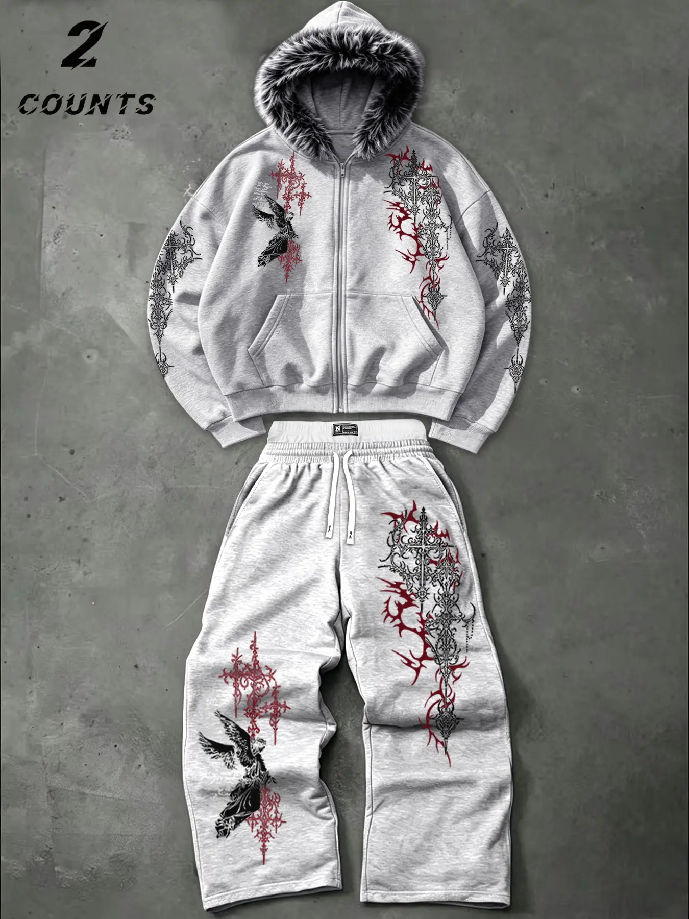 Men's 2 Piece Tracksuit Set, Furry Collar Zip Up Hoodie & Drawstring Wide Leg Sweatpants, Gothic Cross Angel Graphic Print Streetwear Matching Outfit #Y2K #MensOutfit #Streetwear #HoodieSet #OOTDMens #TrendingViral